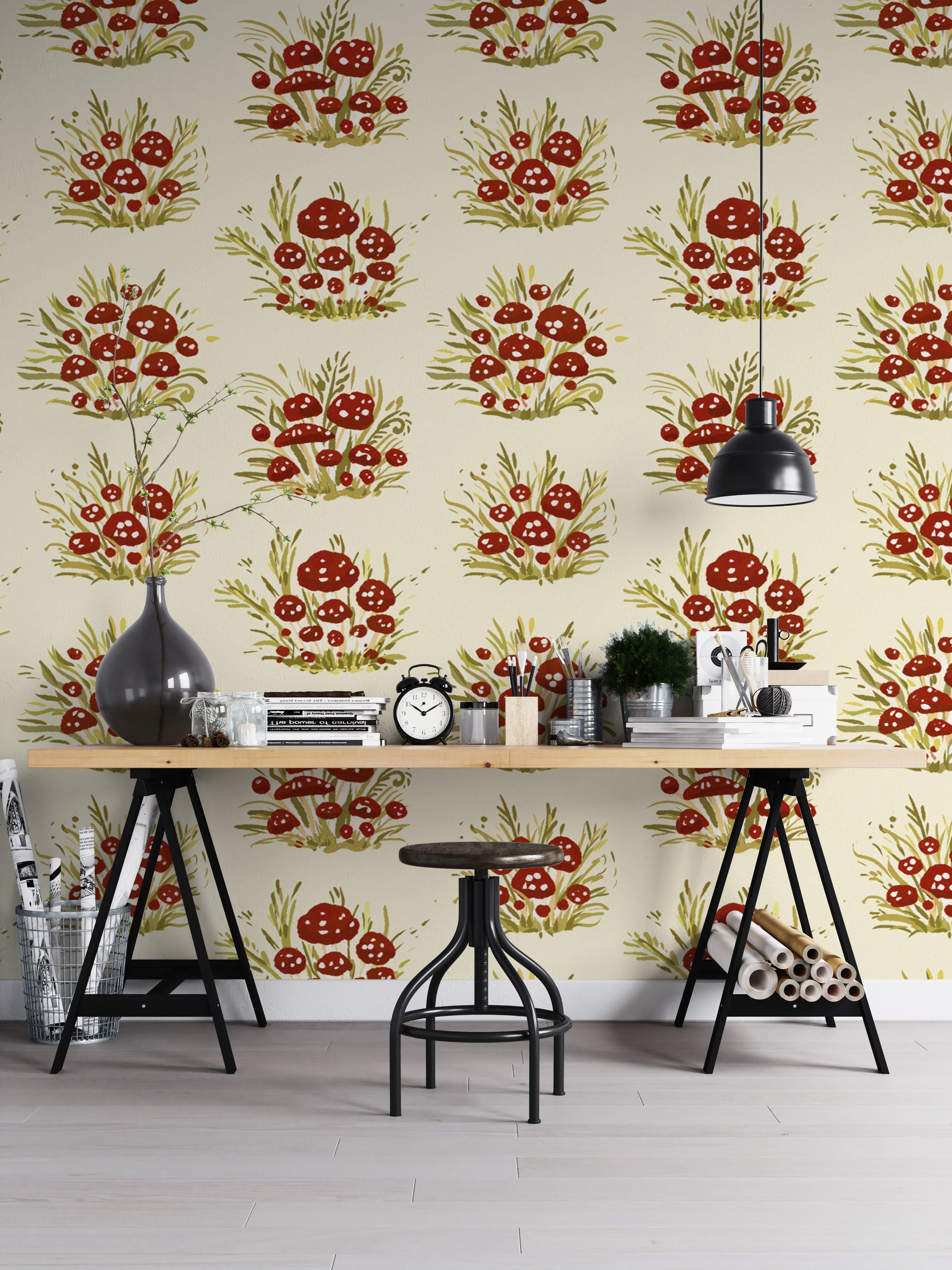 Stylish mushroom millefleurs light wallpaper for serene, chic rooms.
