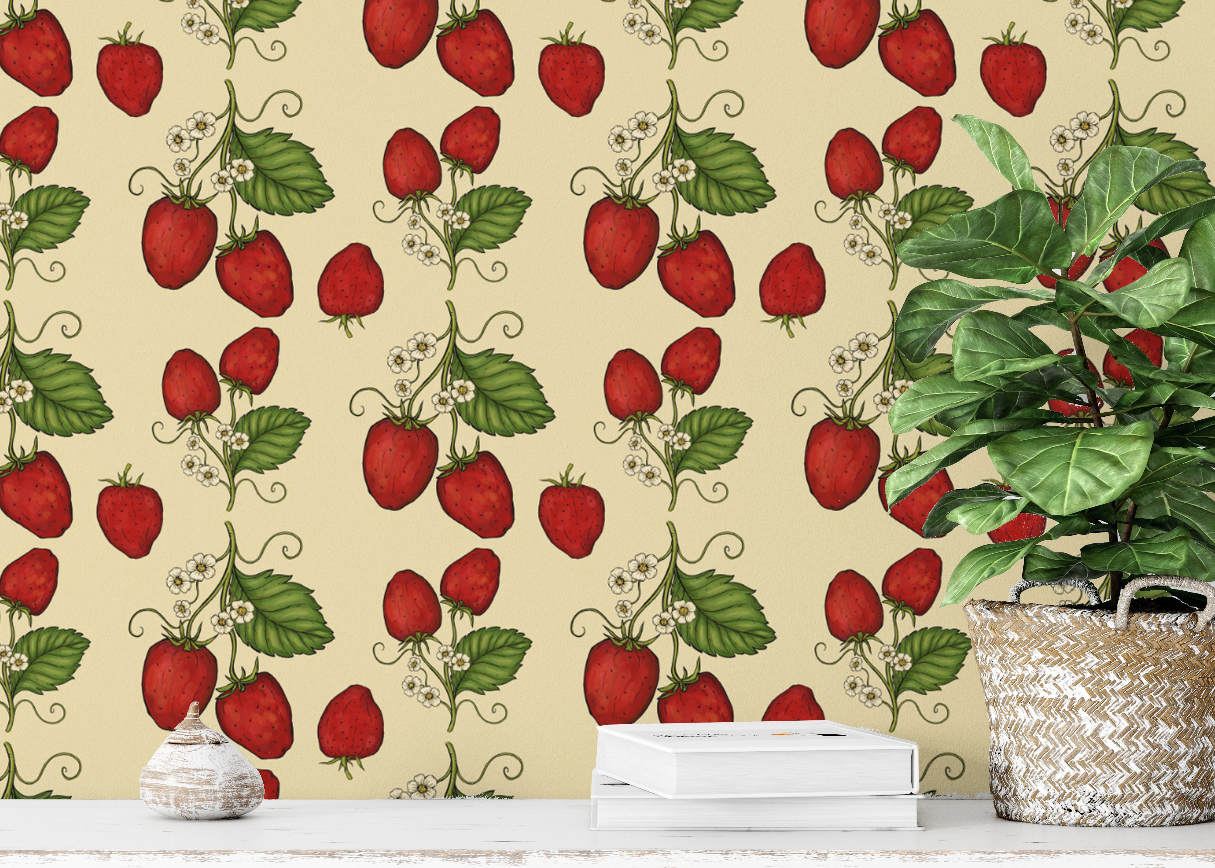 Playful red trailing strawberries wallpaper for cozy homes.
