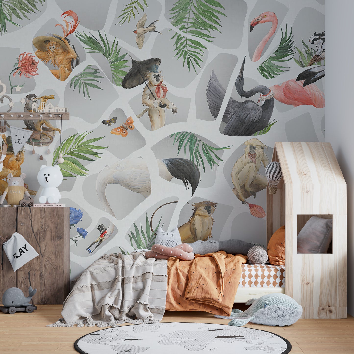 Whimsical gray watercolor mural with monkeys and birds accents.
