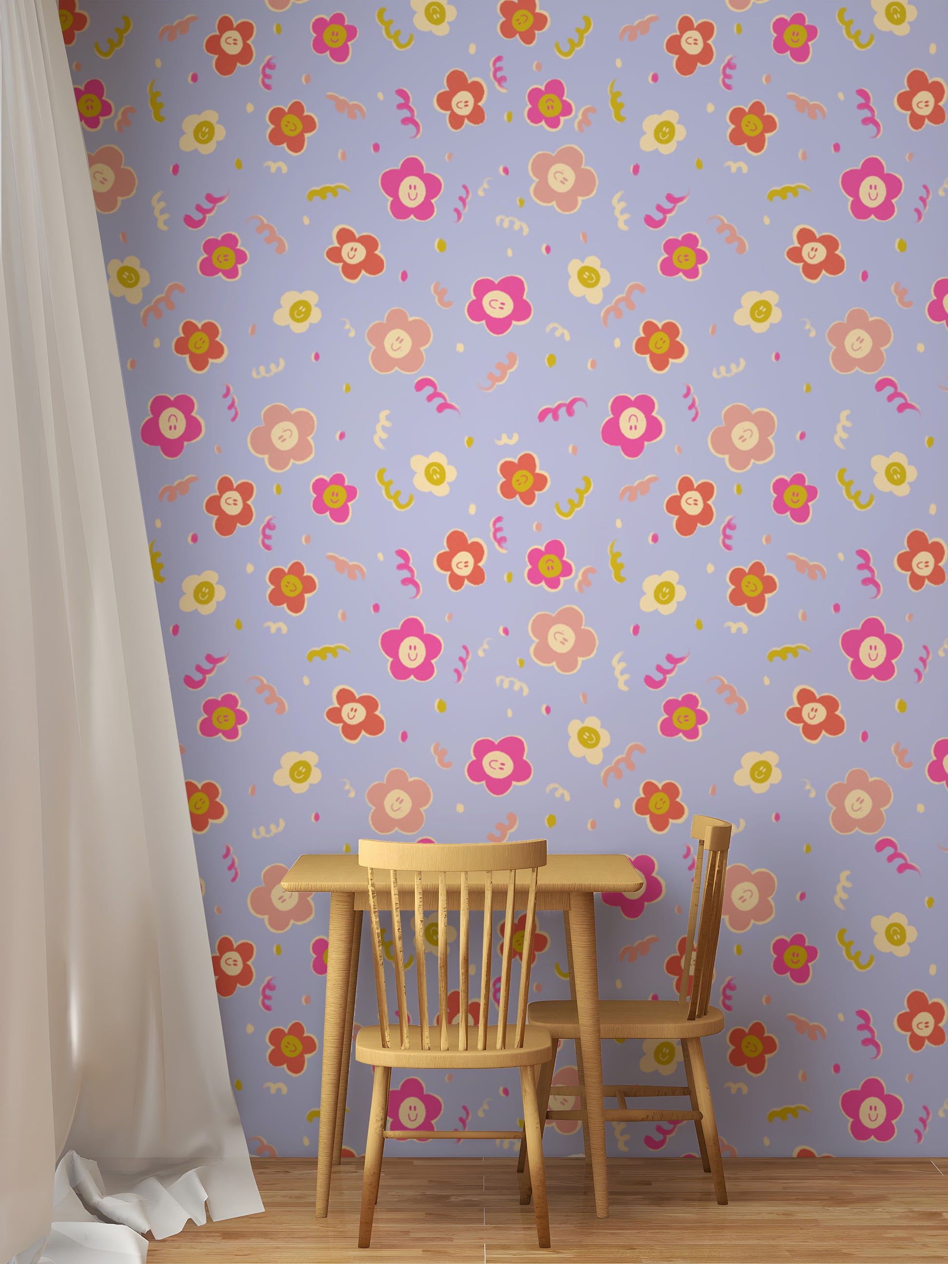 Playful smiley blooms wallpaper with bold and colorful flowers.
