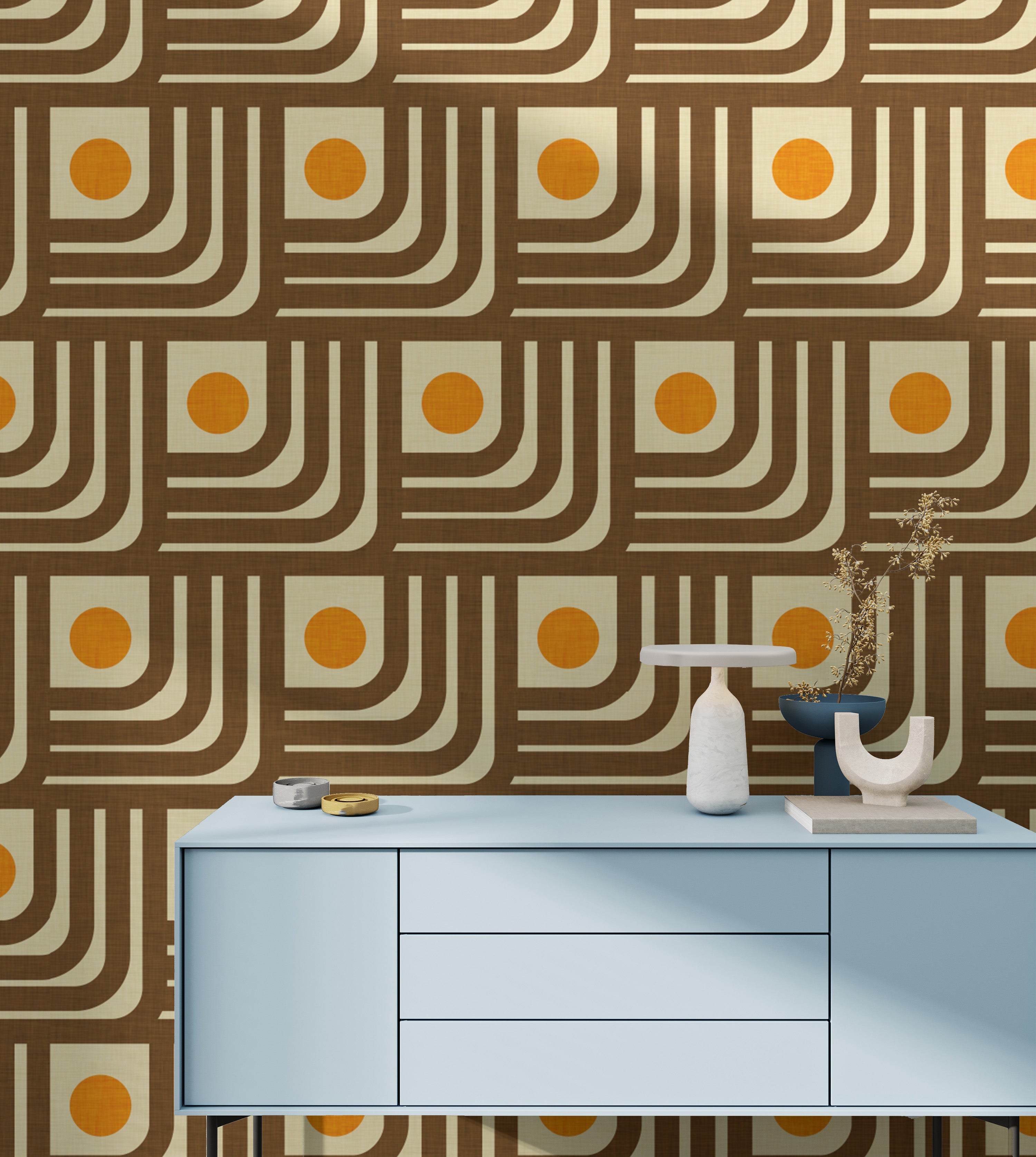 Playful 70s Curve Lines Brown Orange Wallpaper design