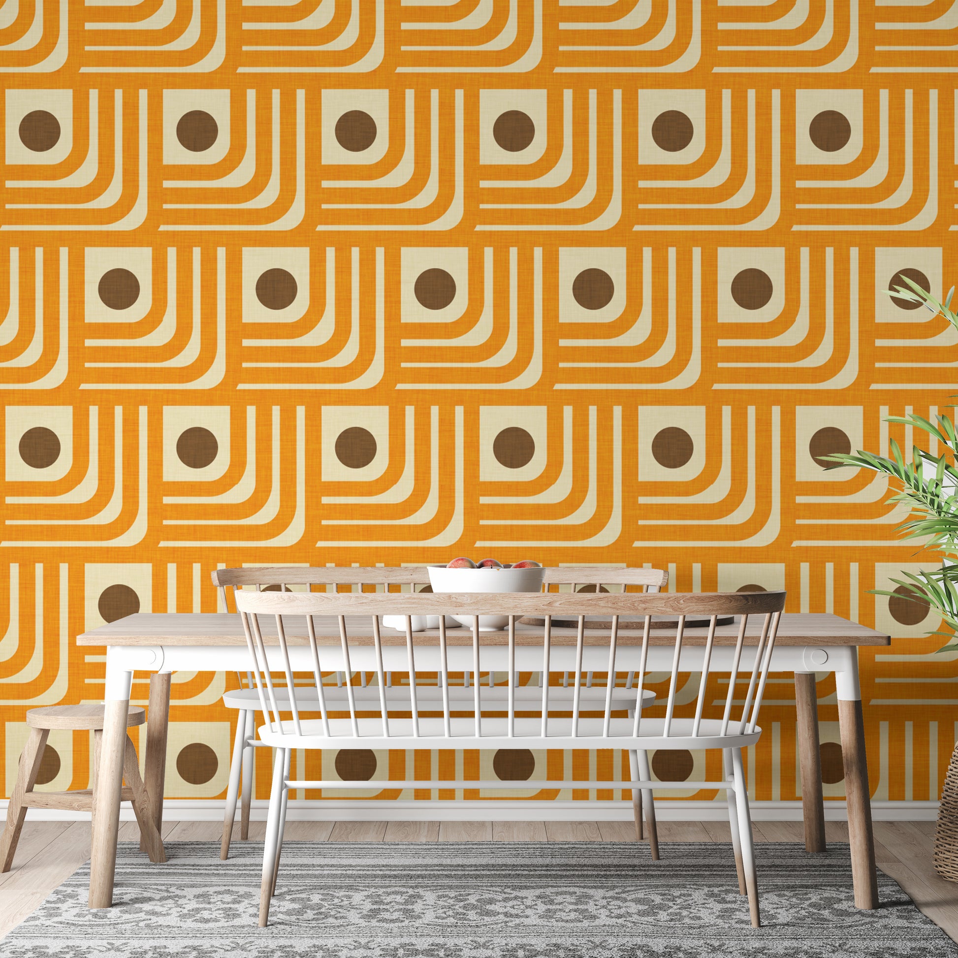 70s-style mural with orange and brown patterns
