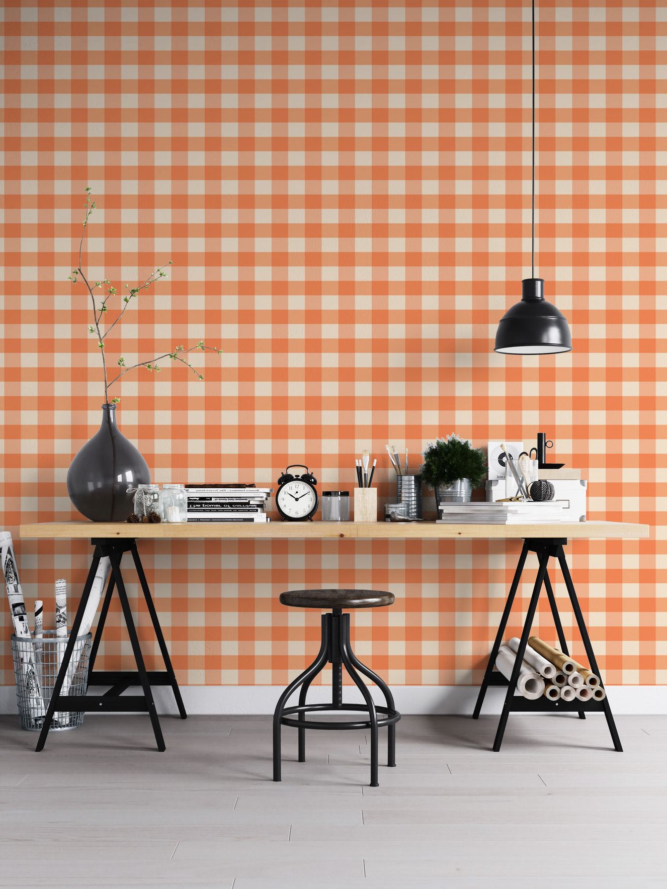 Elegant peach gingham wallpaper for soft and airy interiors.
