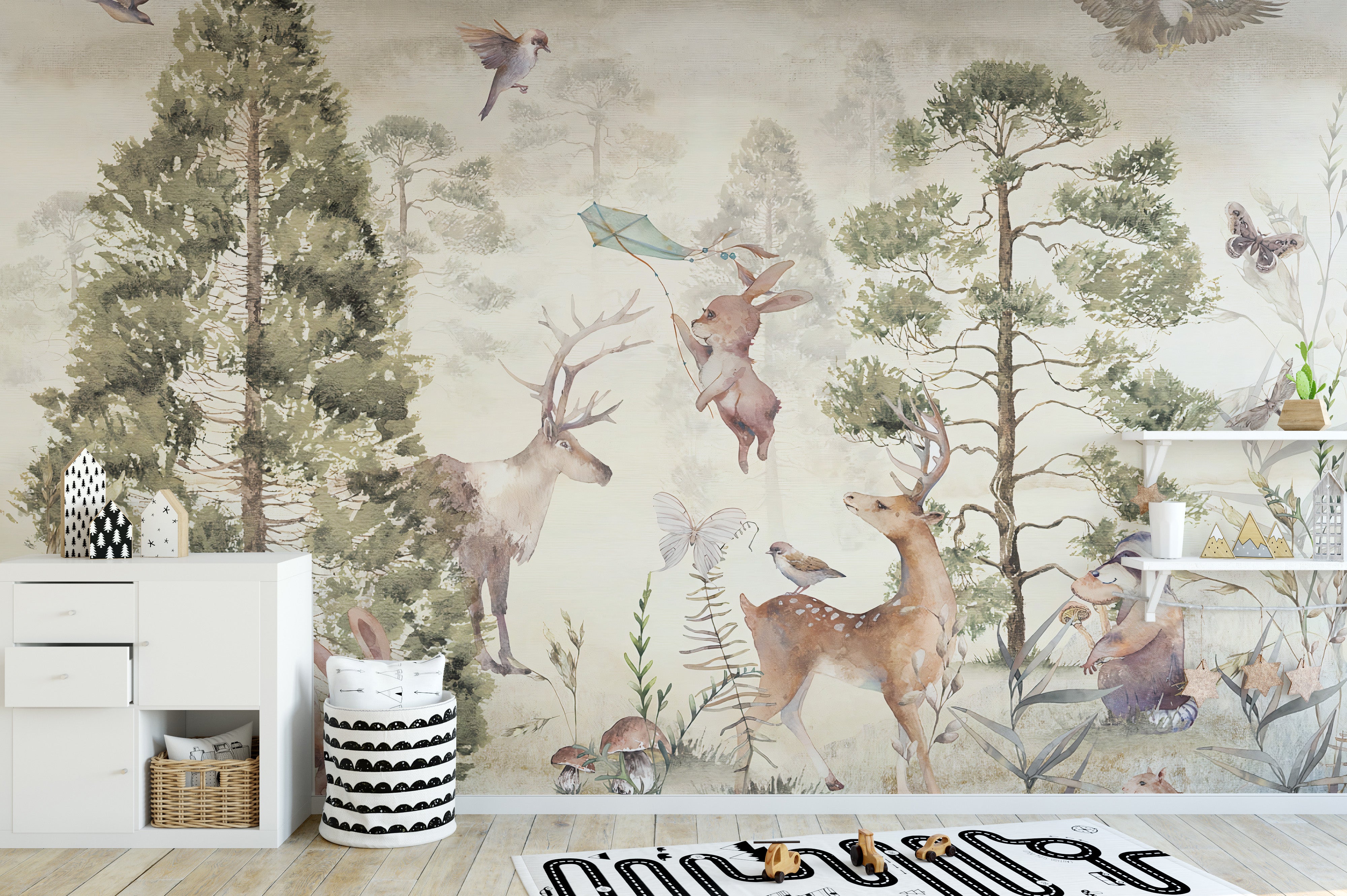 Scenic deer-themed animal wall mural design
