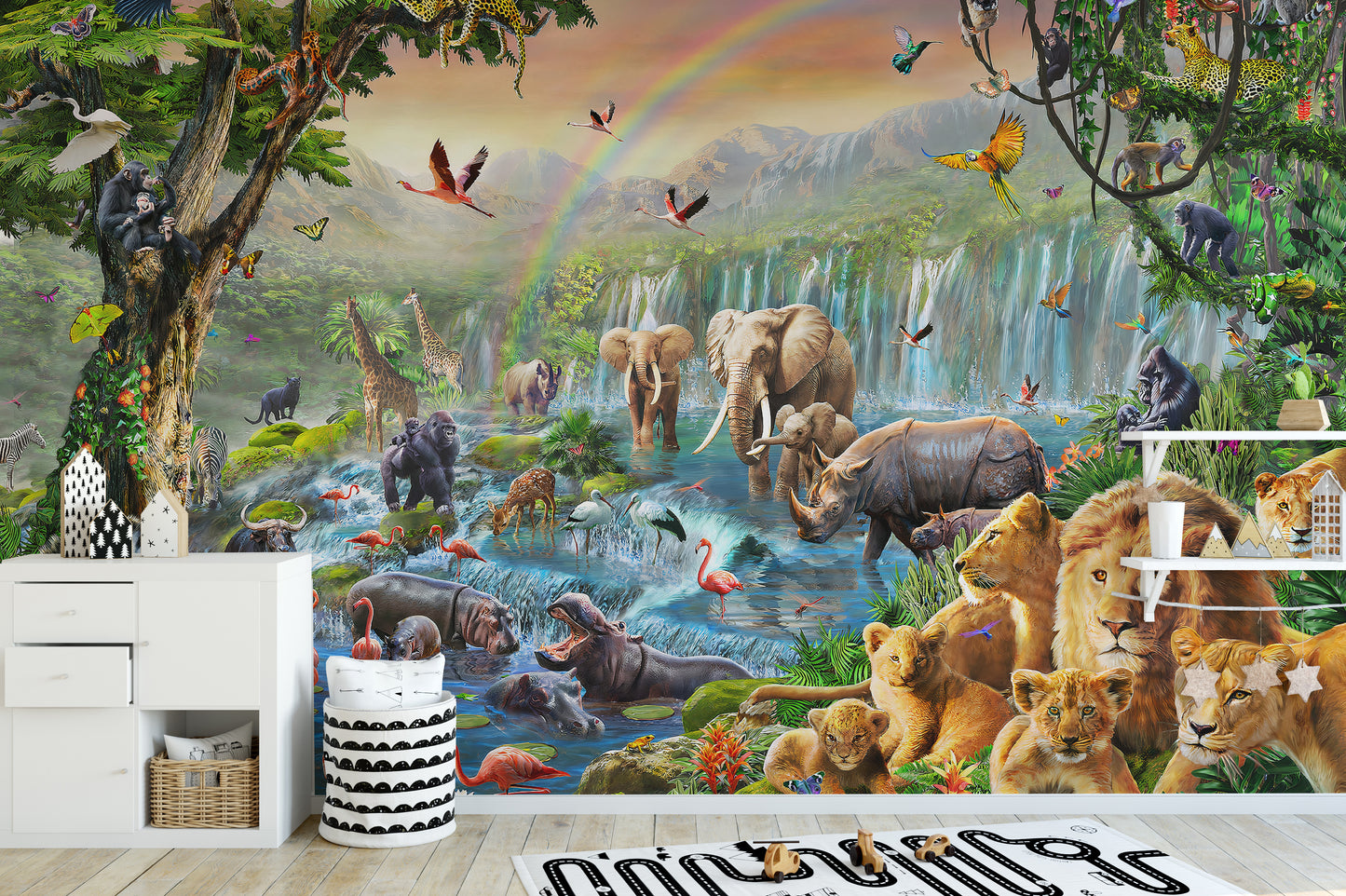 Vivid Animal Kingdom with waterfall Wallpaper Murals