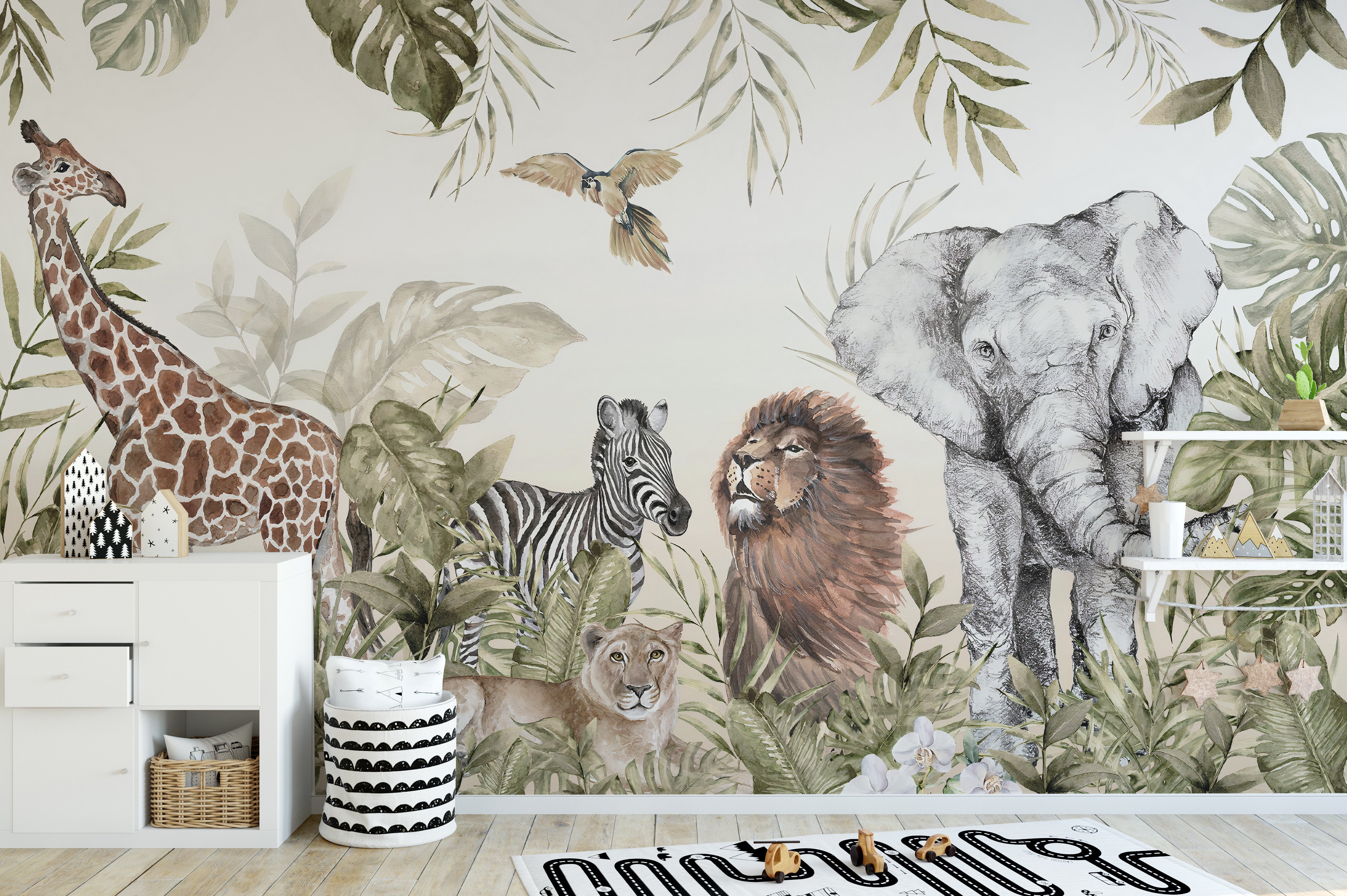 Watercolor Jungle Animals Mural for Playroom Decor
