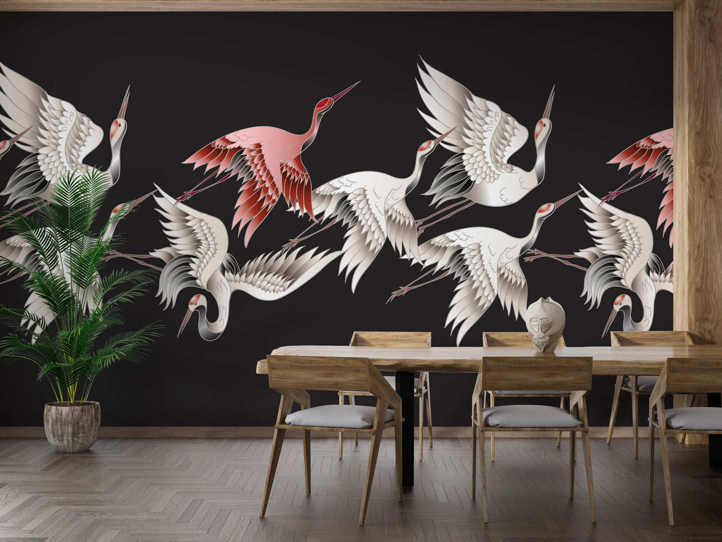 Black wallpaper with Japanese white cranes