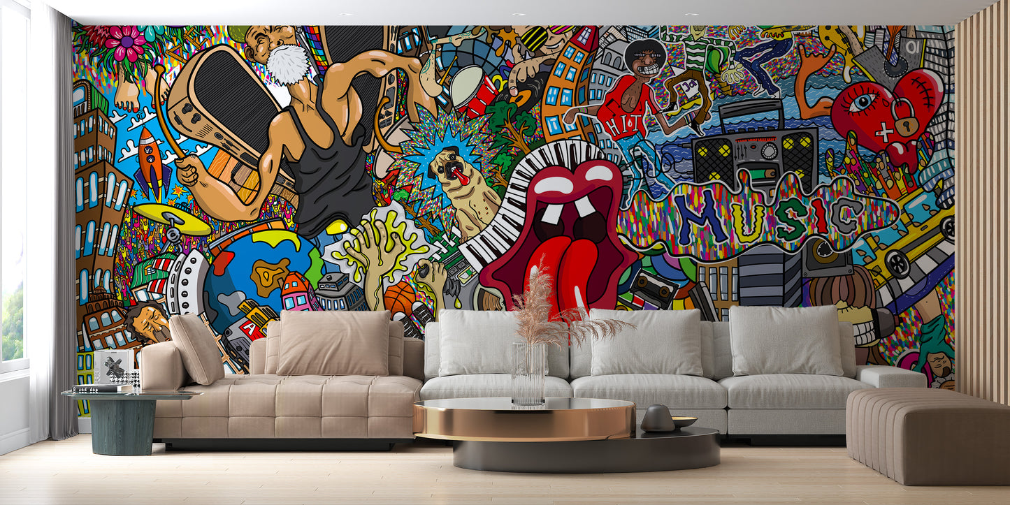 Electric Music Collage Graffiti Wall Mural