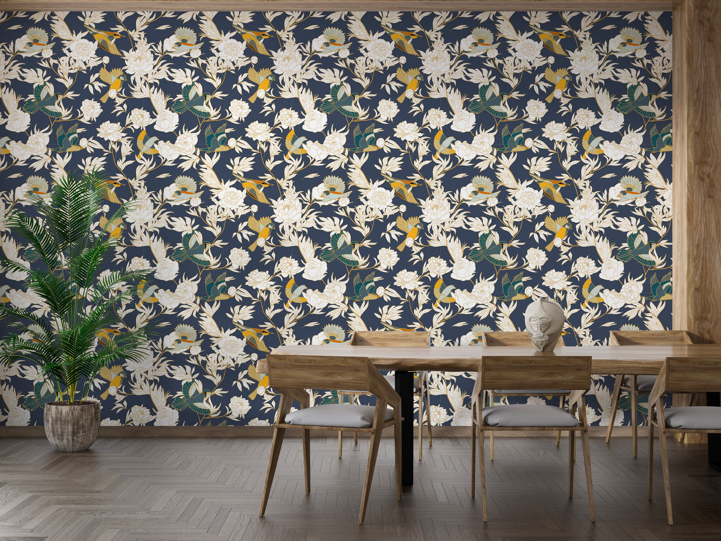 Floral wallpaper with wildlife details and peonies