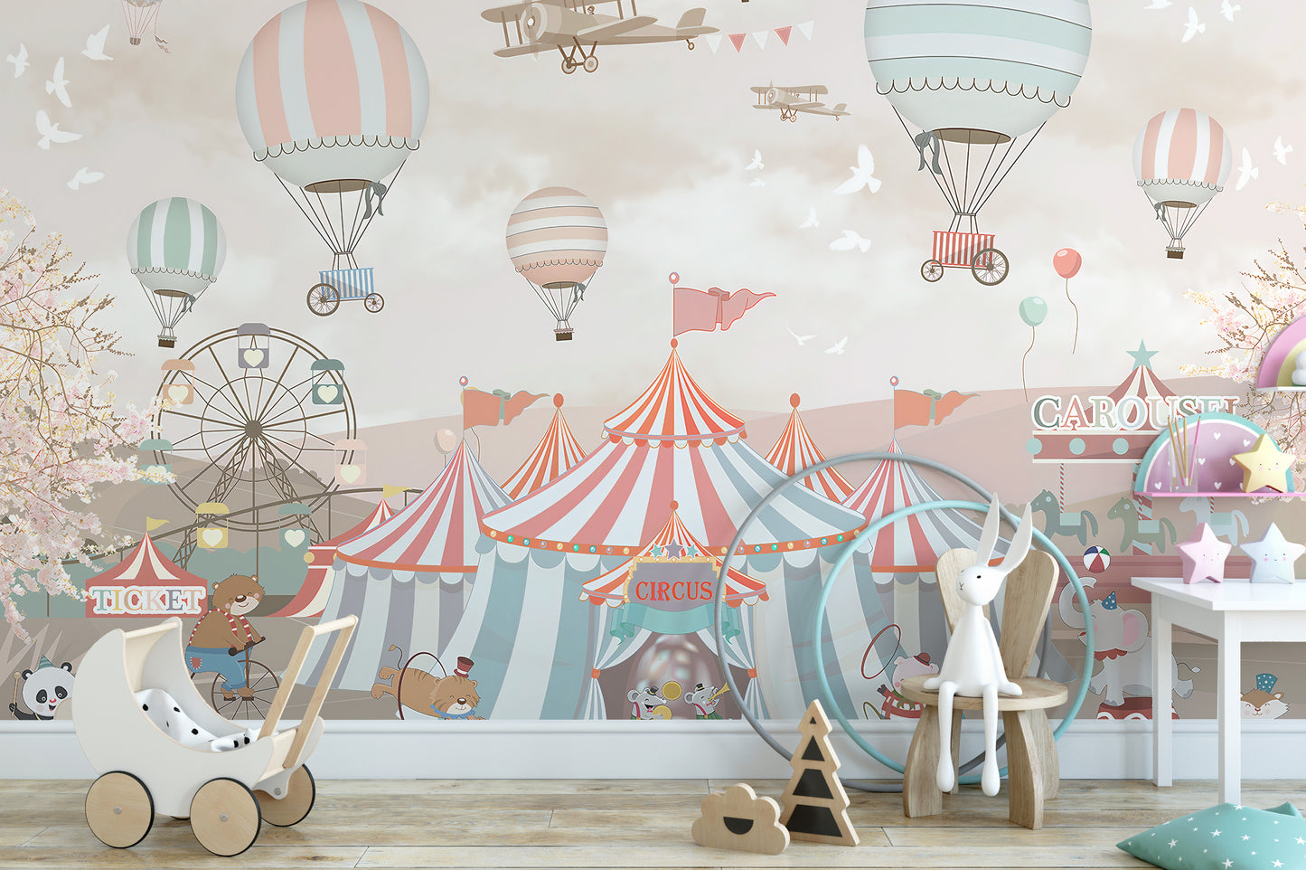 Artistic pink circus kids wallpaper design
