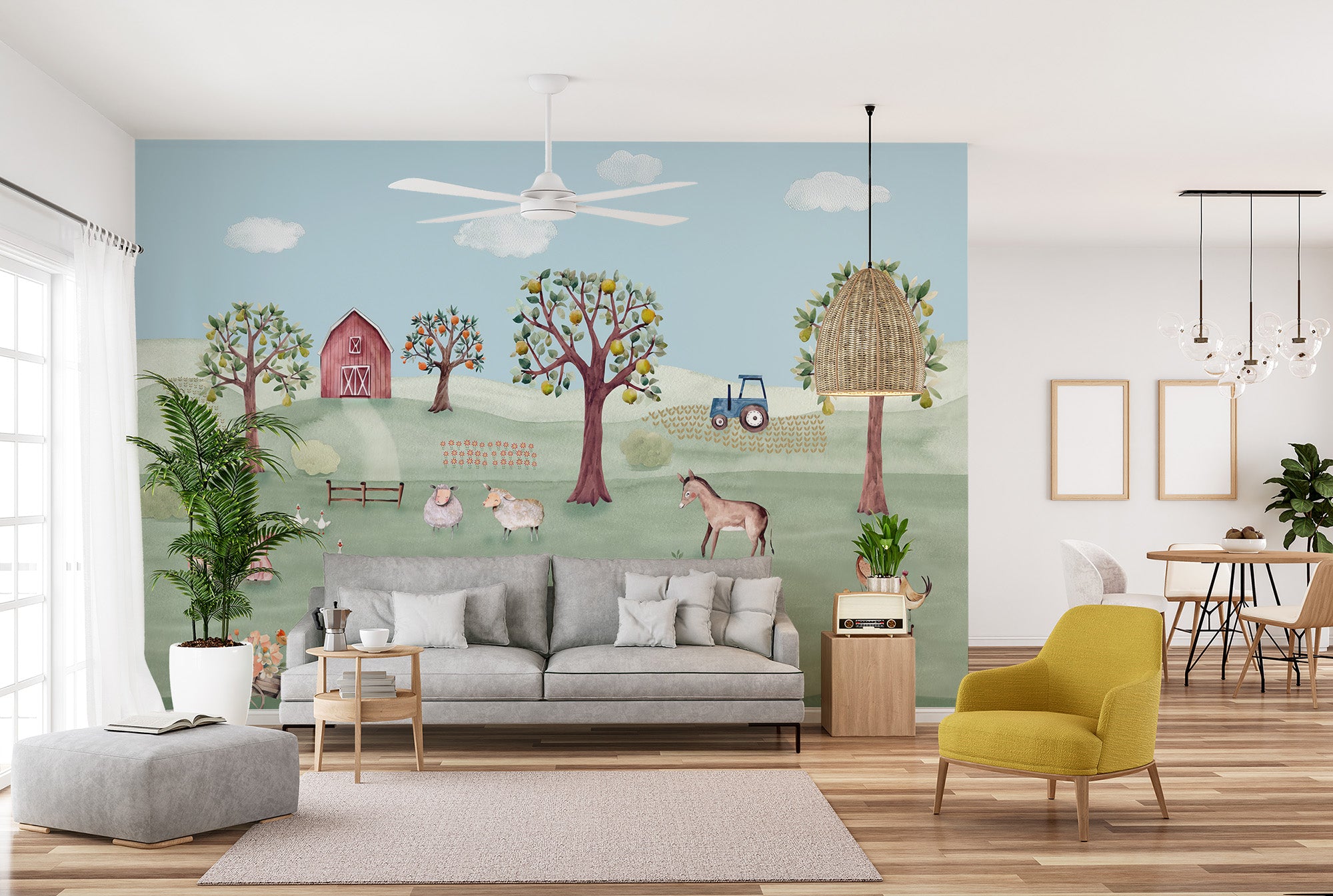 Charming kids' wall mural with countryside vibes