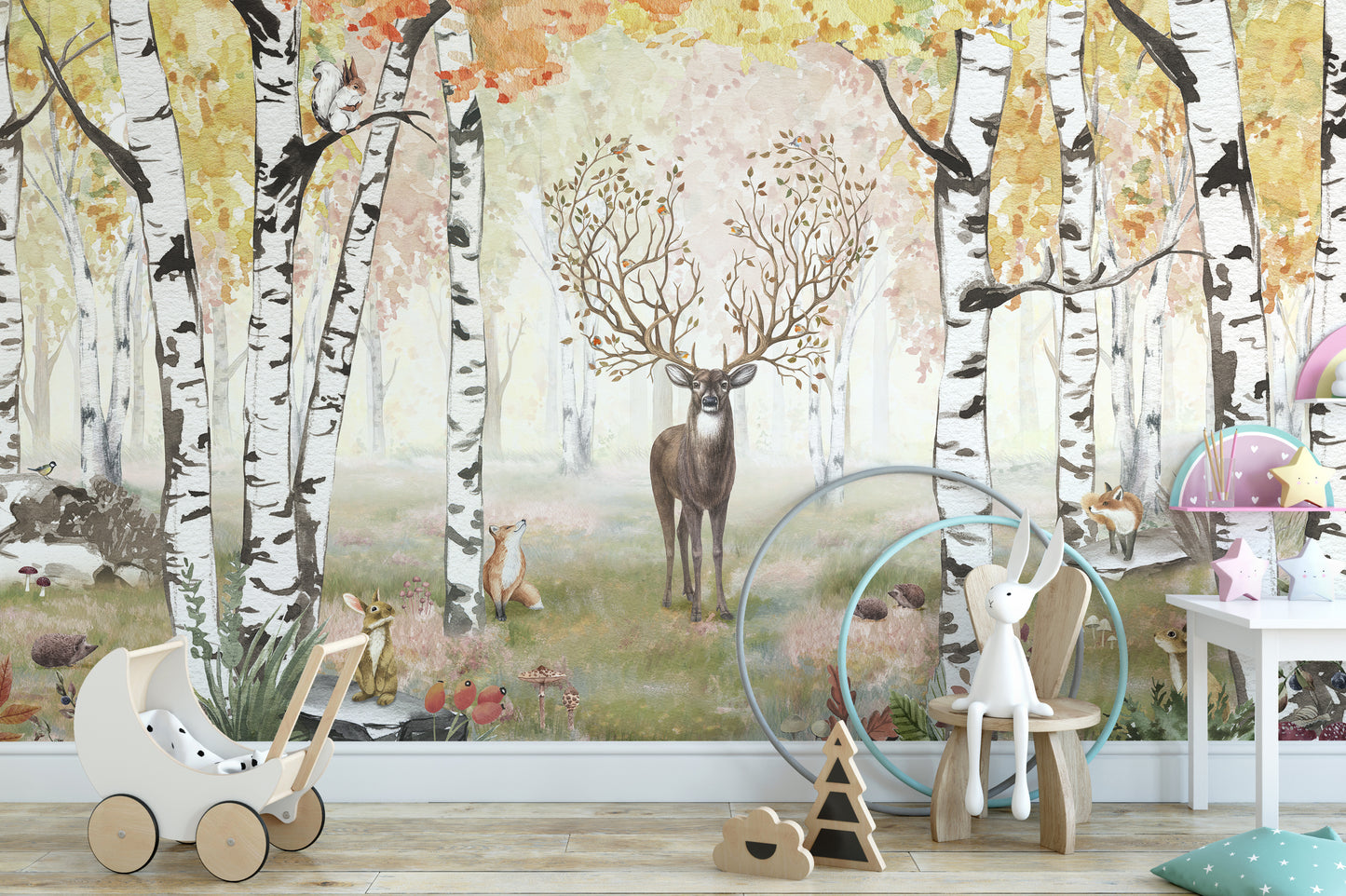 Enchanting woodland scene with animals and birch trees.