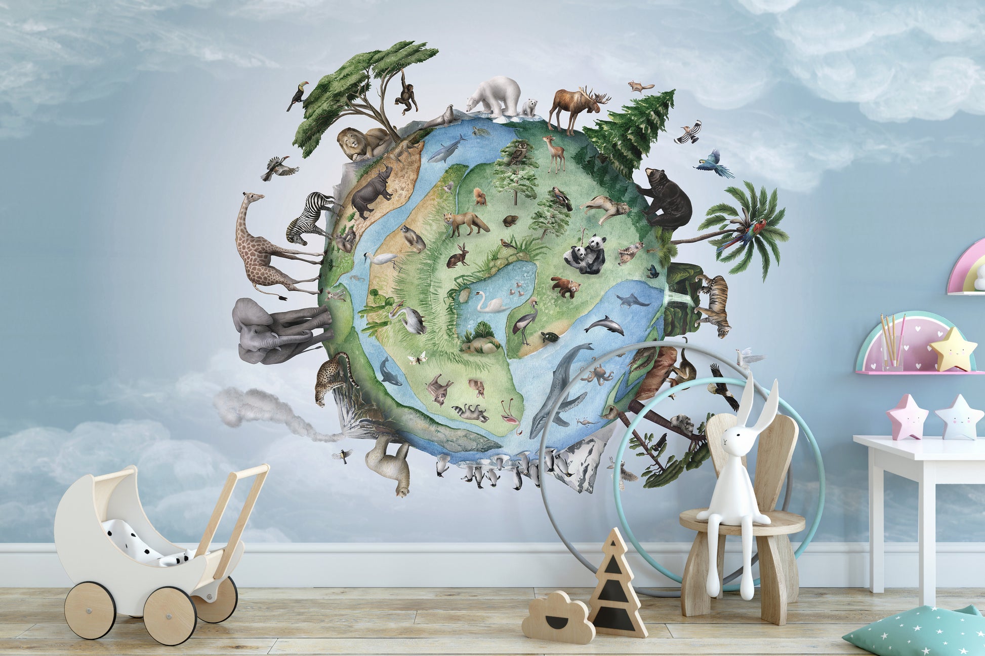 Globe wallpaper with animals from various ecosystems