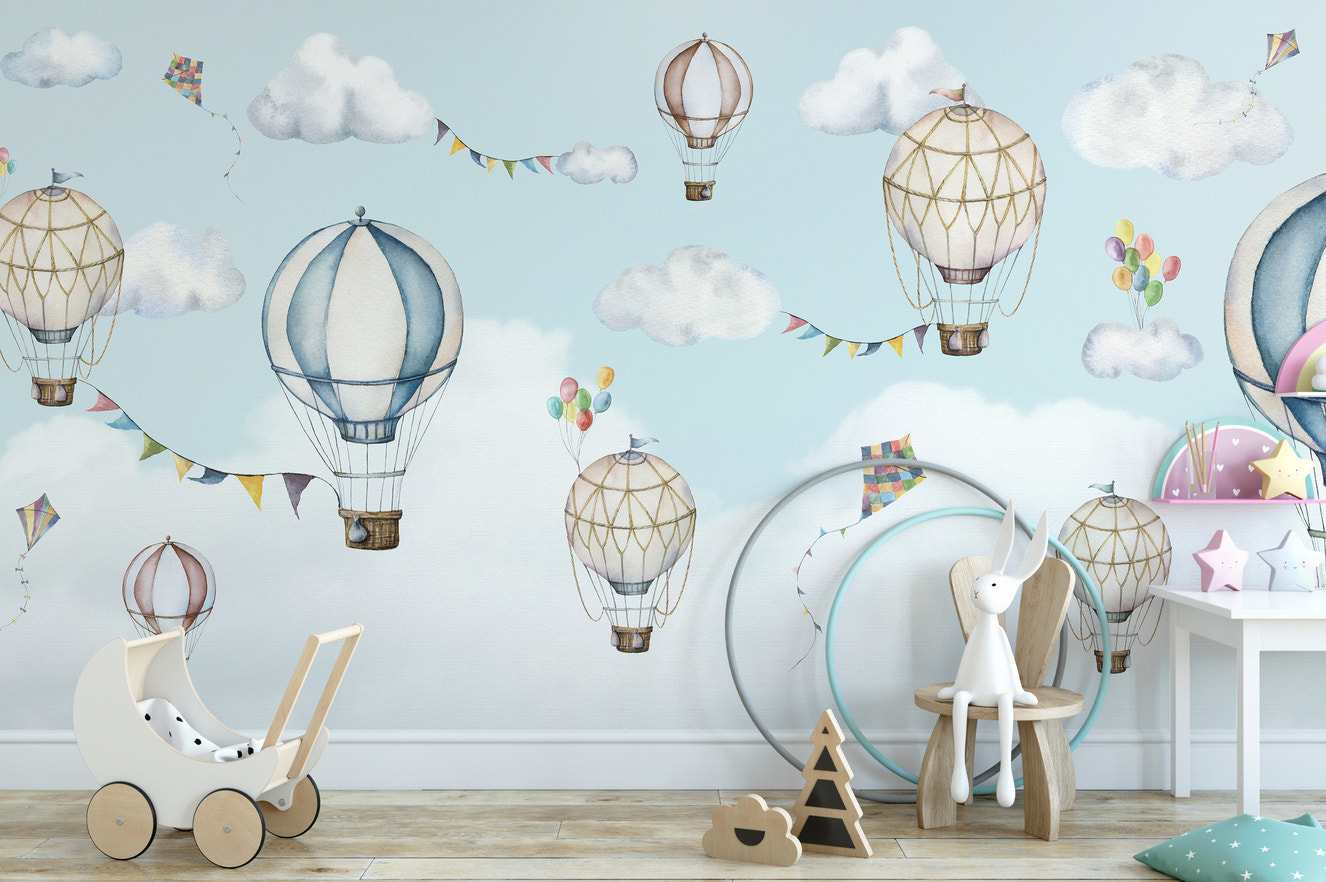 Balloon-themed wallpaper with vibrant skies and clouds