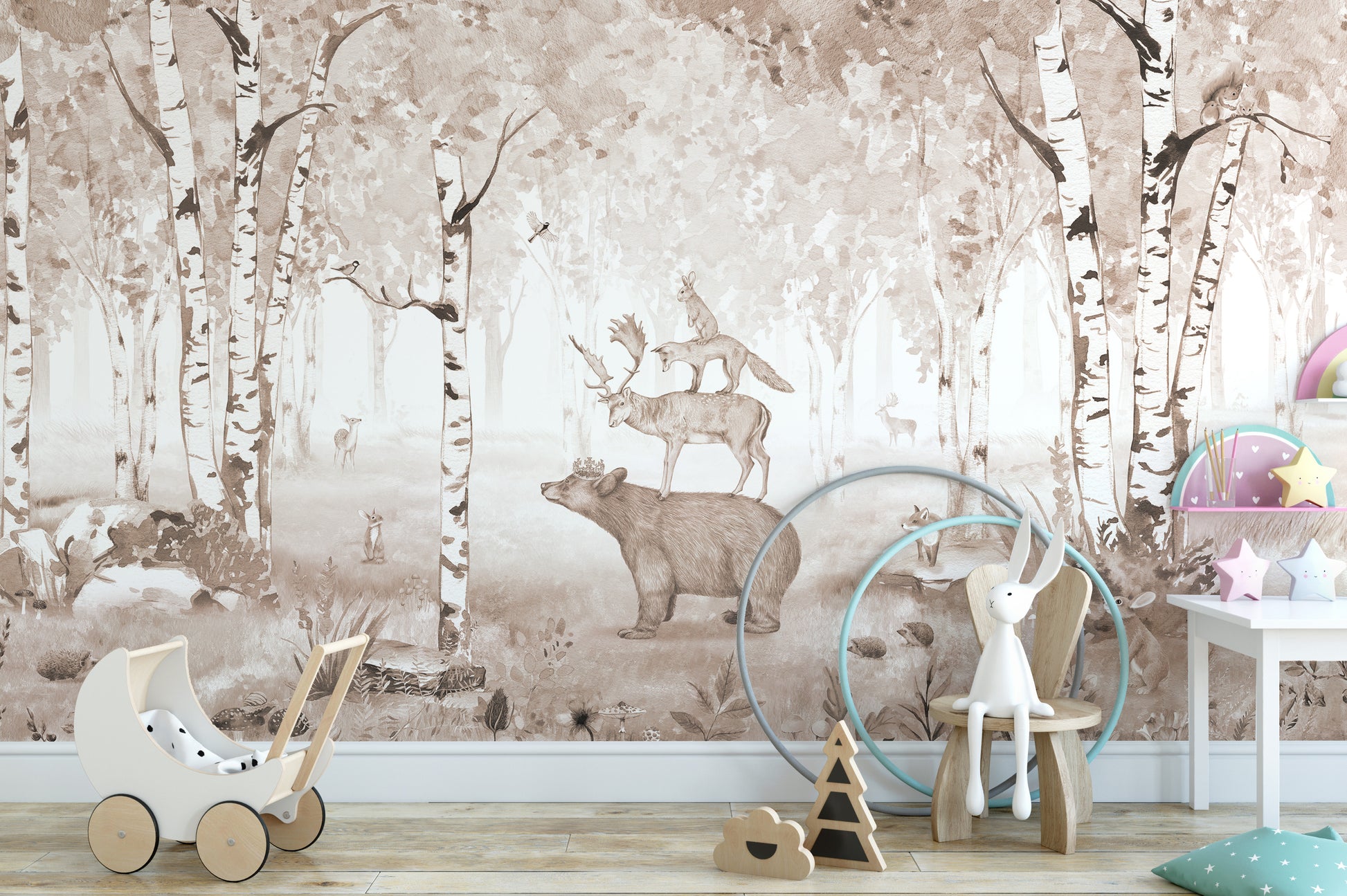 Woodland wildlife wallpaper with brown bear as the focus