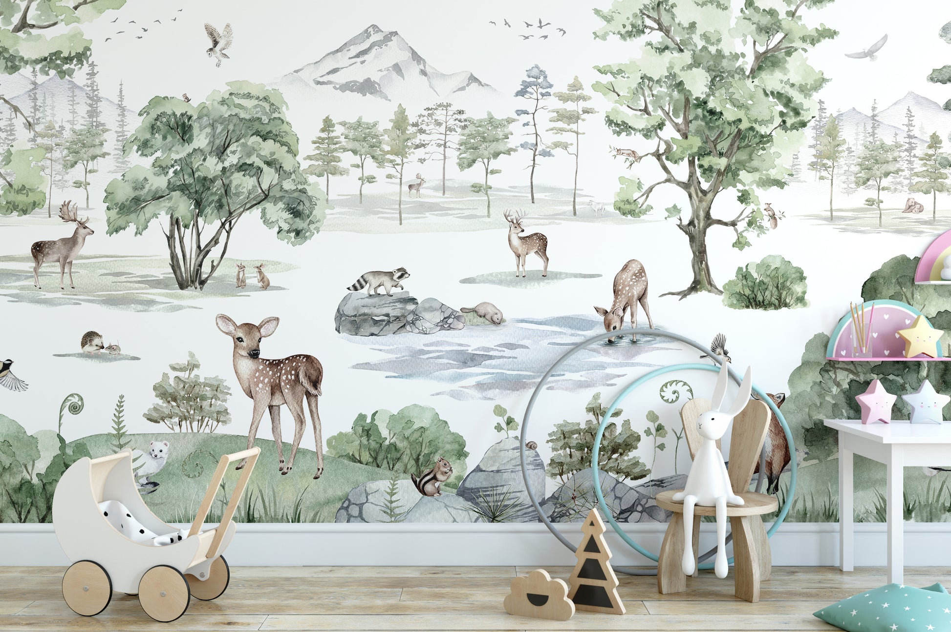 Winter animals wallpaper with deer and serene forest setting