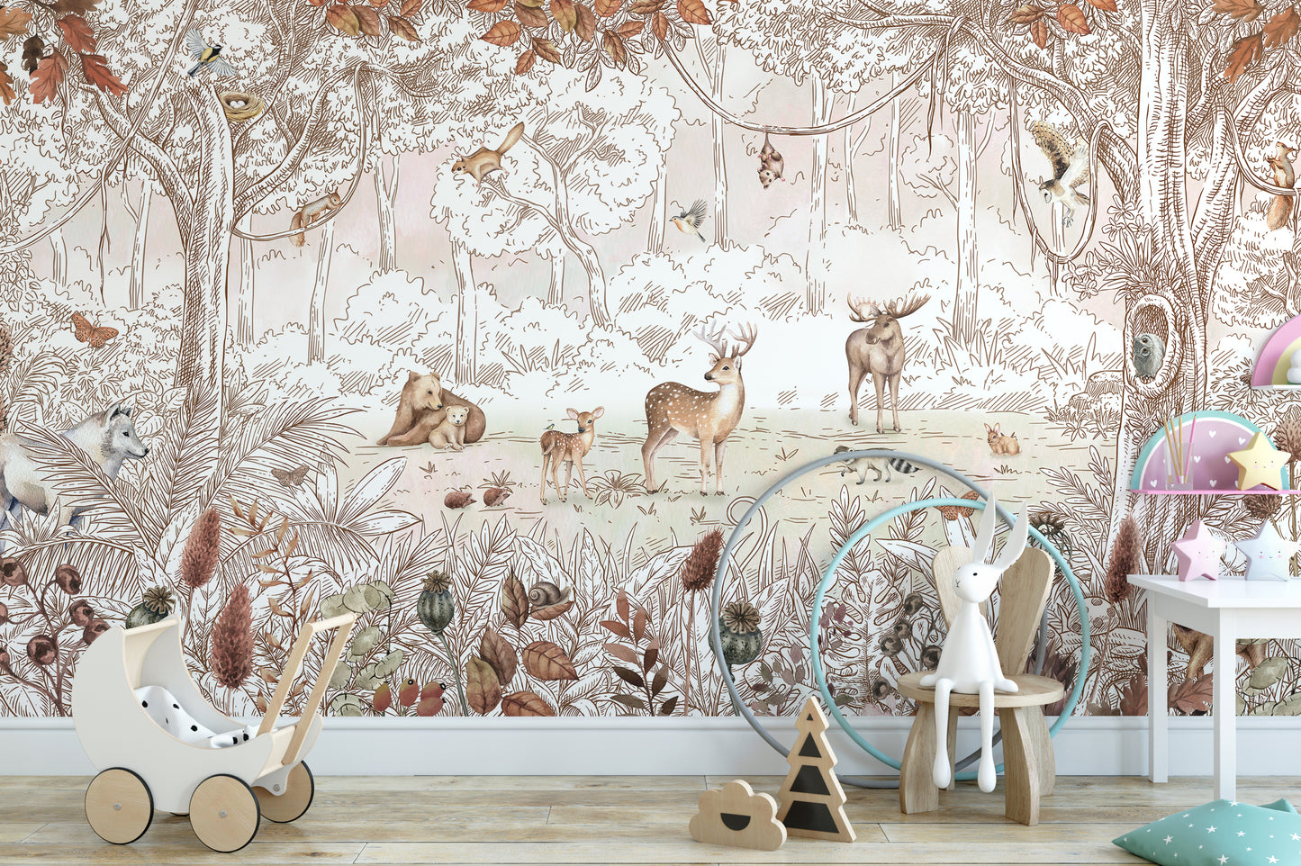 Autumn-themed wallpaper with forest animals and foliage