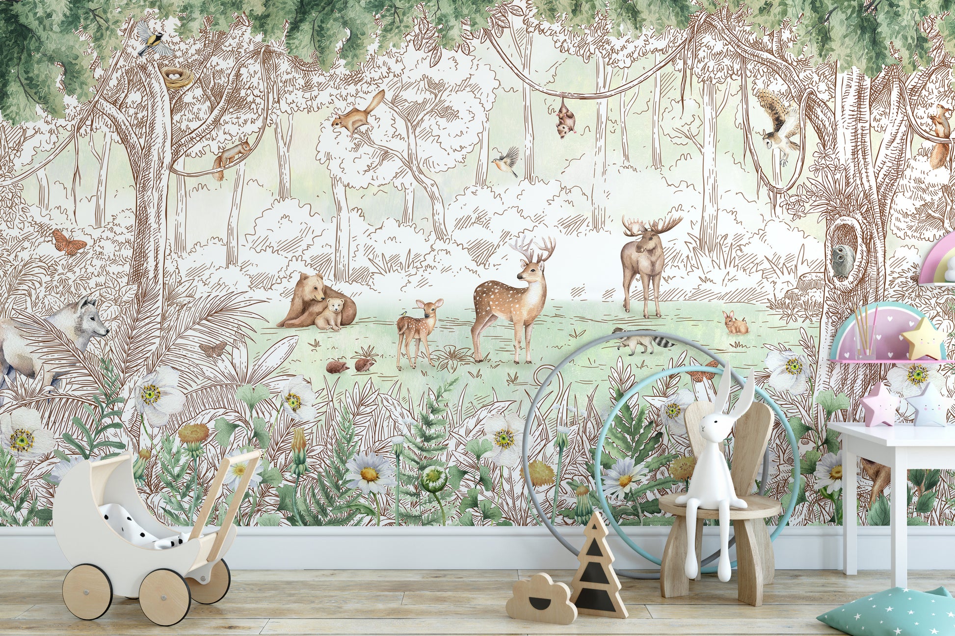 Forest friends-themed wallpaper for walls with spring vibes