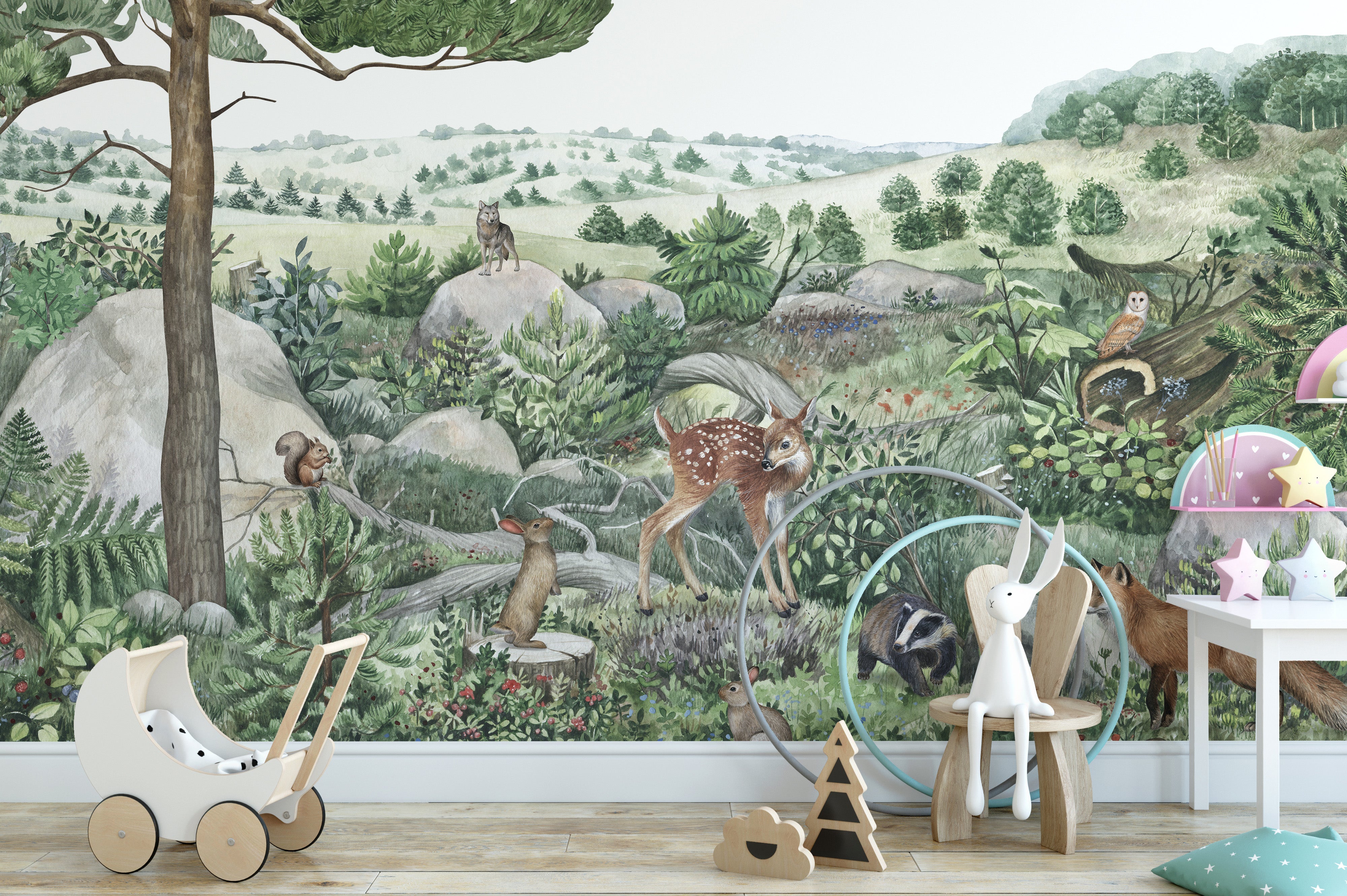 Forest-themed Happy Hills wallpaper mural for walls.