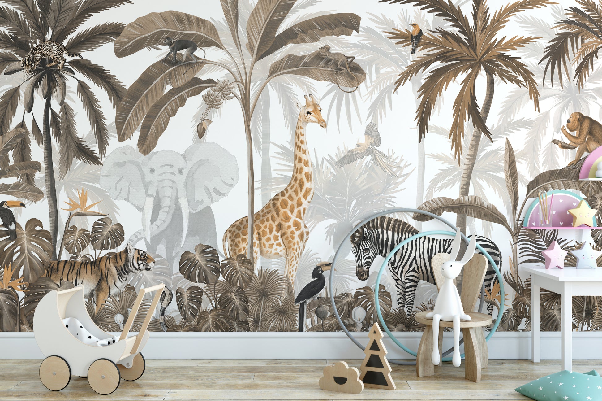 Vibrant jungle wallpaper mural with exotic animals