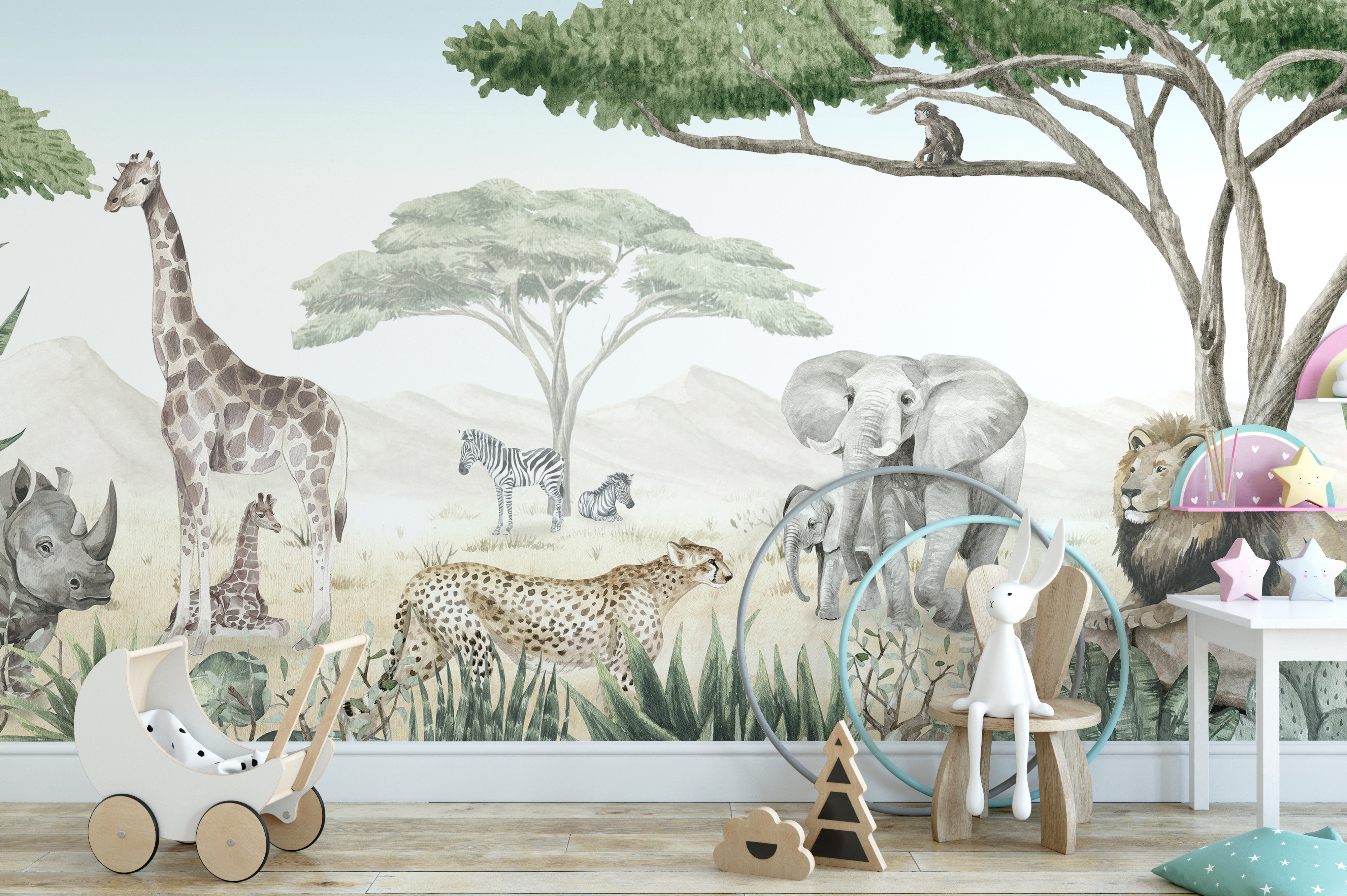 African savannah animals wallpaper with giraffes and lions