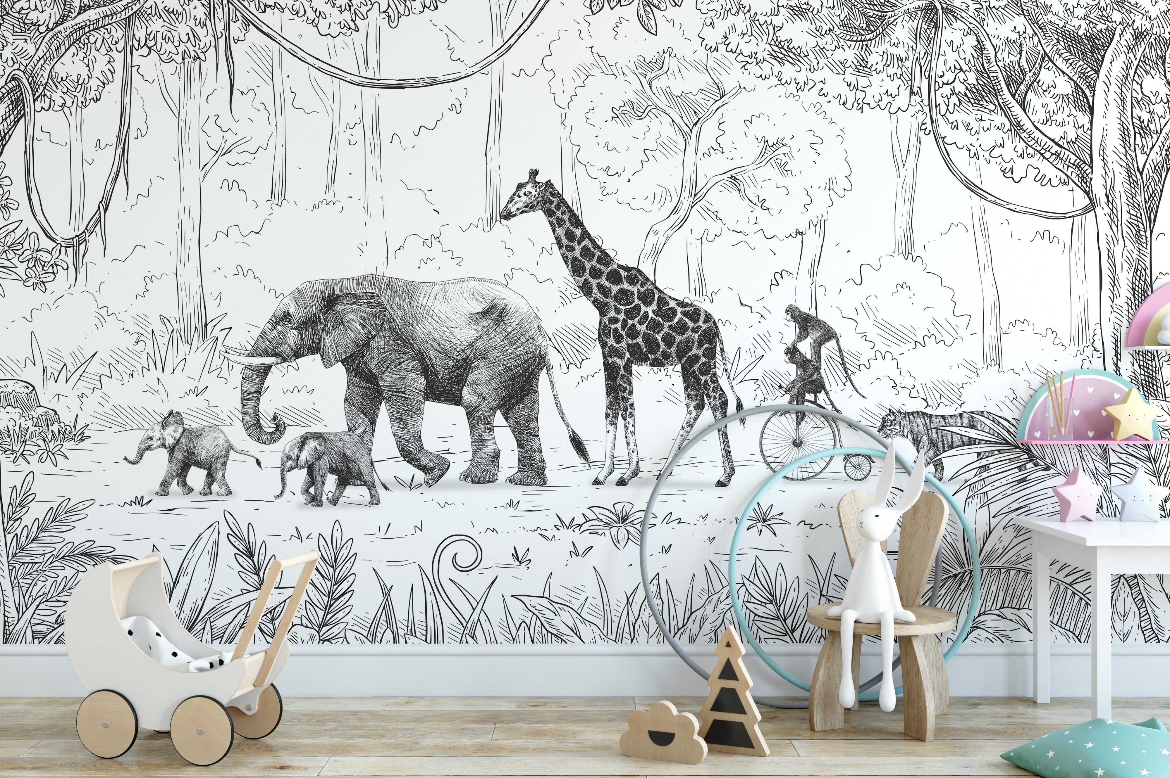 Elephants and giraffe Animal Parade mural wallpaper design