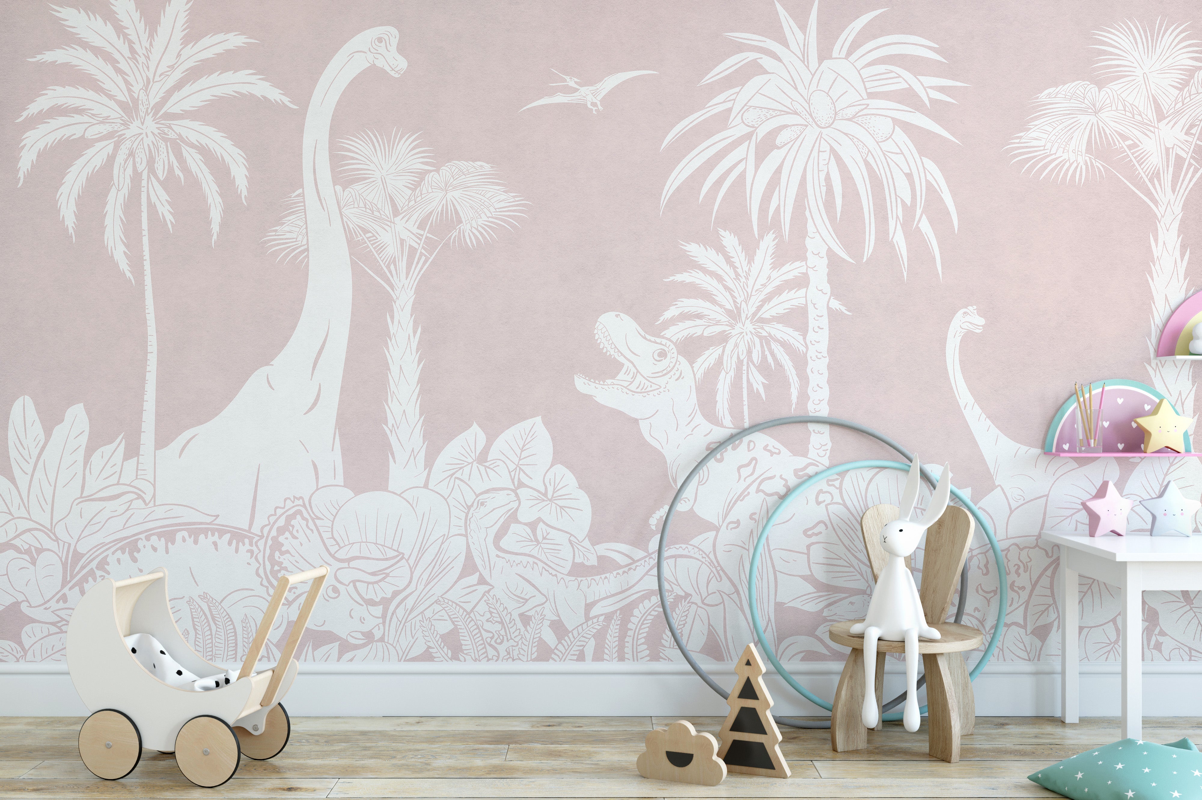 Prehistoric-themed pink wallpaper with dinosaur outlines.