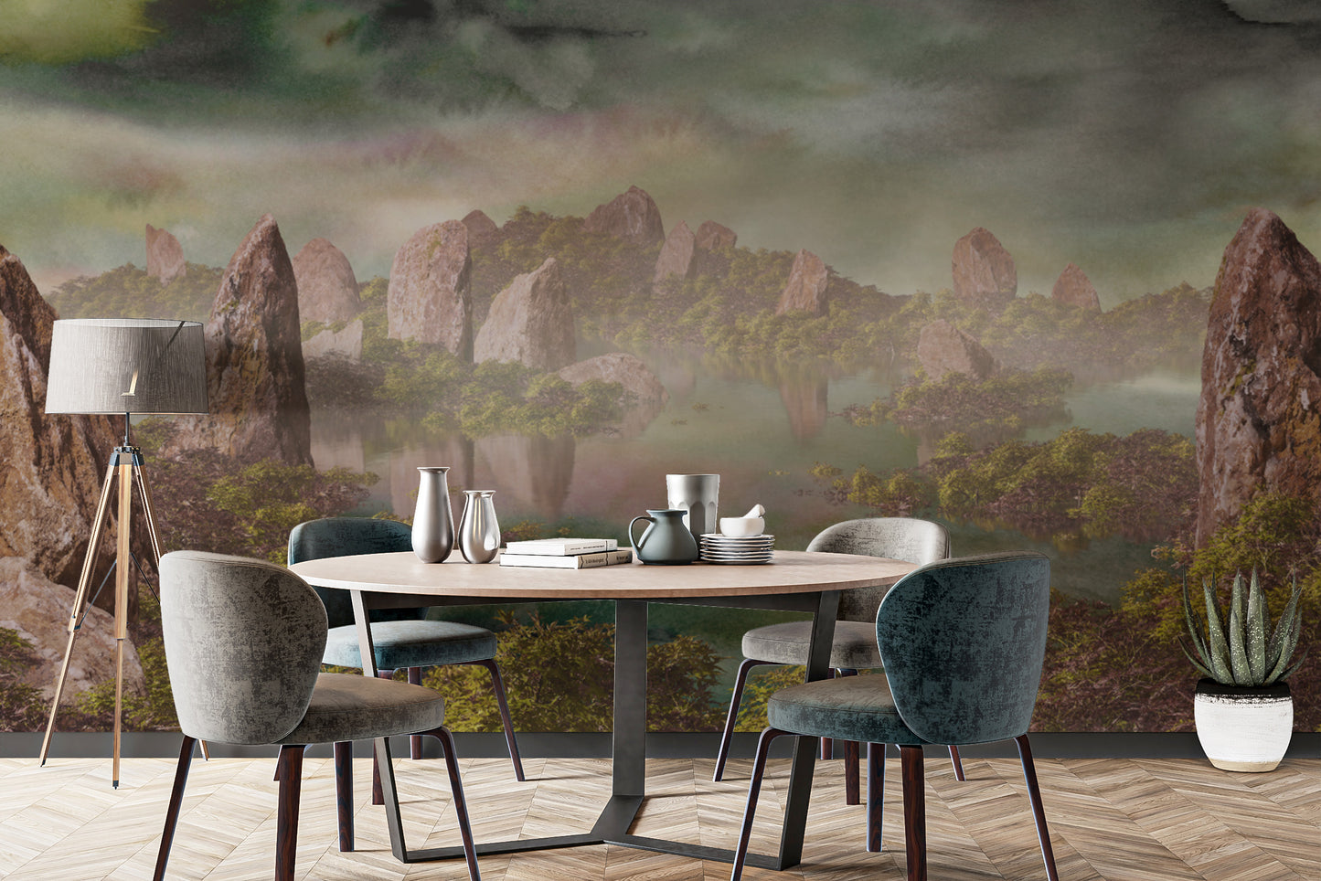 Dramatic Chinese Landscape Green Wallpaper Murals