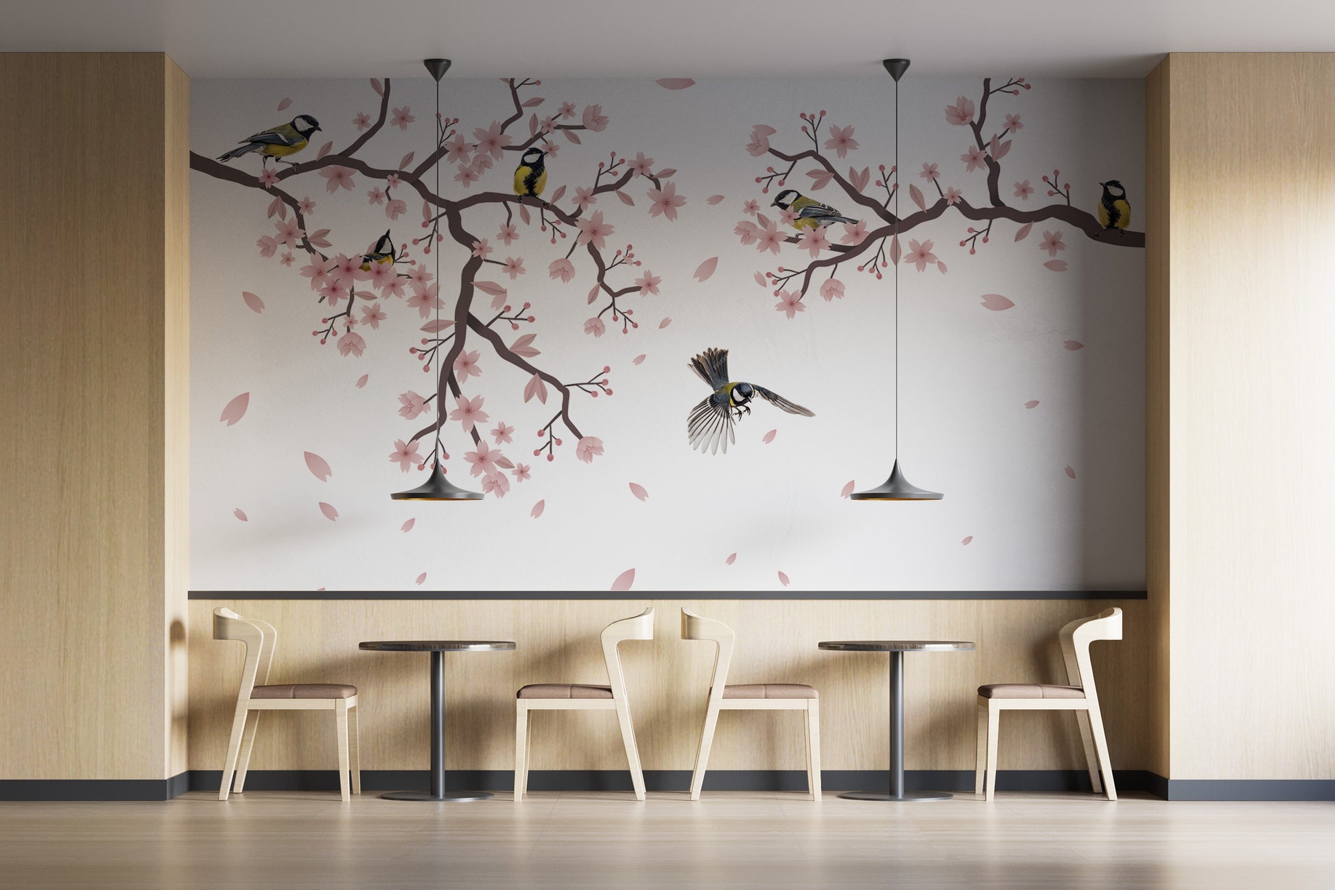 Serene Sunset Titmouse Cherry Blossom Mural design