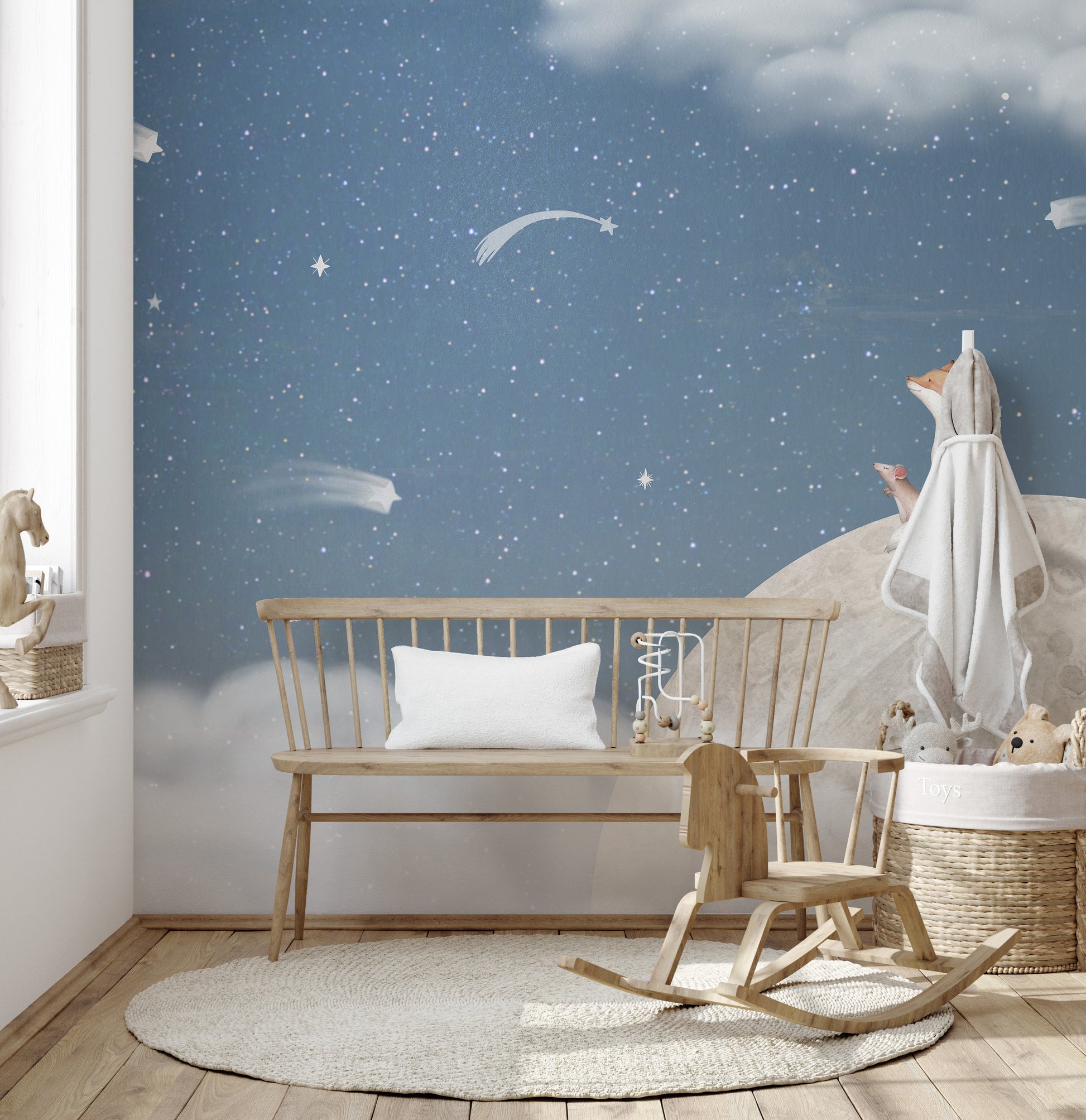 Fox on the moon blue wallpaper for kids rooms