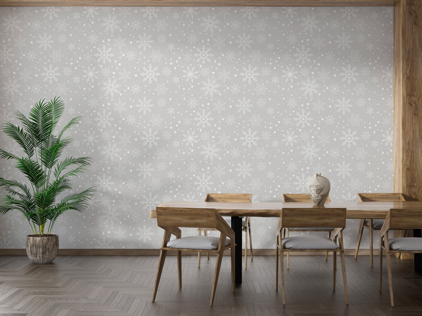 Winter-themed gray snowflake wallpaper mural
