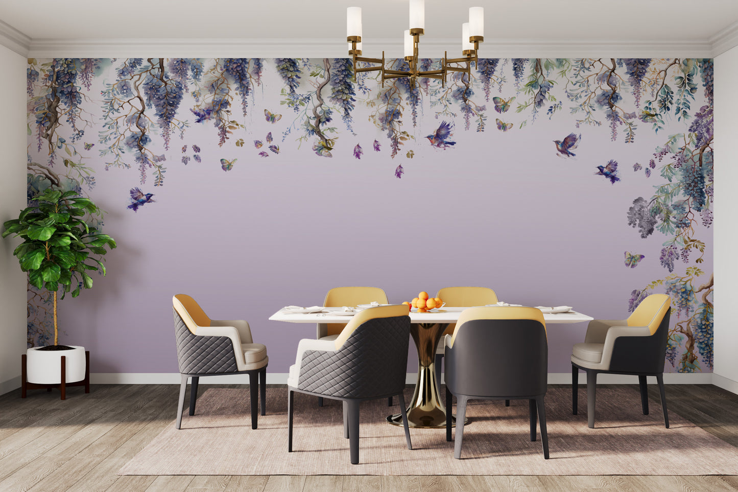 Wisteria romance purple wallpaper mural for a dreamy, elegant space.