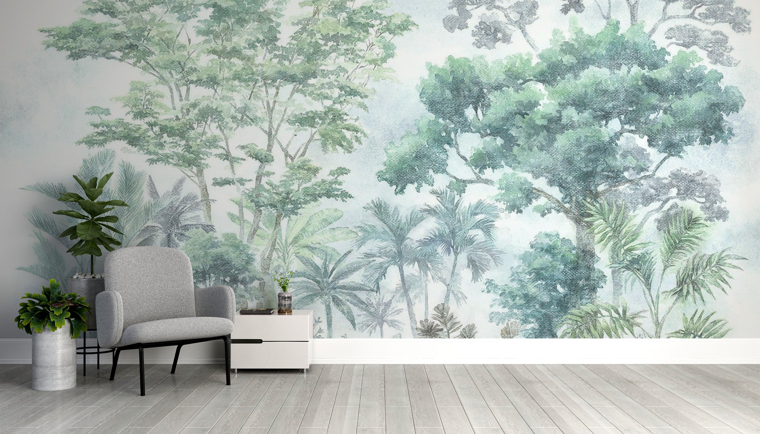 Tropical jungle wallpaper with watercolour art
