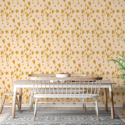 Yellow floral wallpaper with stars for elegance
