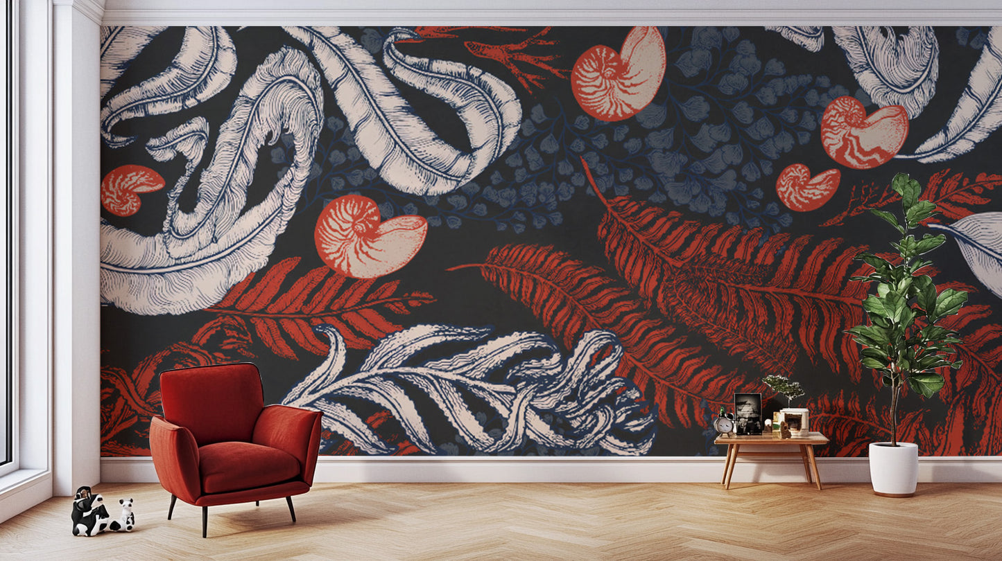 Nautilus-inspired Coral Cove mural for tranquil wall decor.
