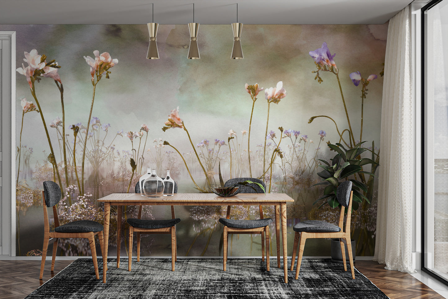 Watercolor freesia floral wallpaper for a soft, artistic wall finish.