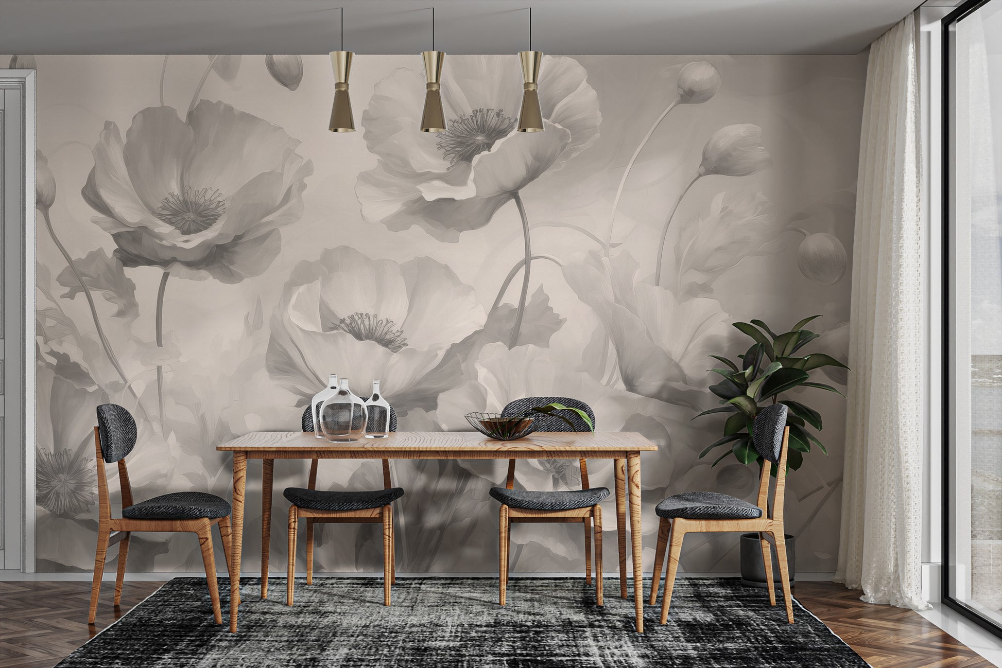 Create a serene ambiance with grey floral peel and stick wallpaper design.