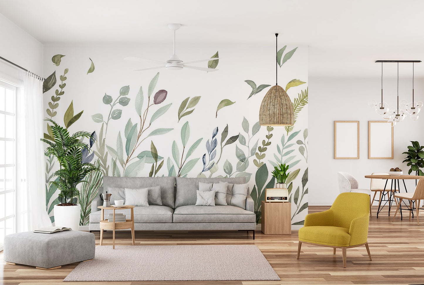 Gentle leafy watercolor mural
