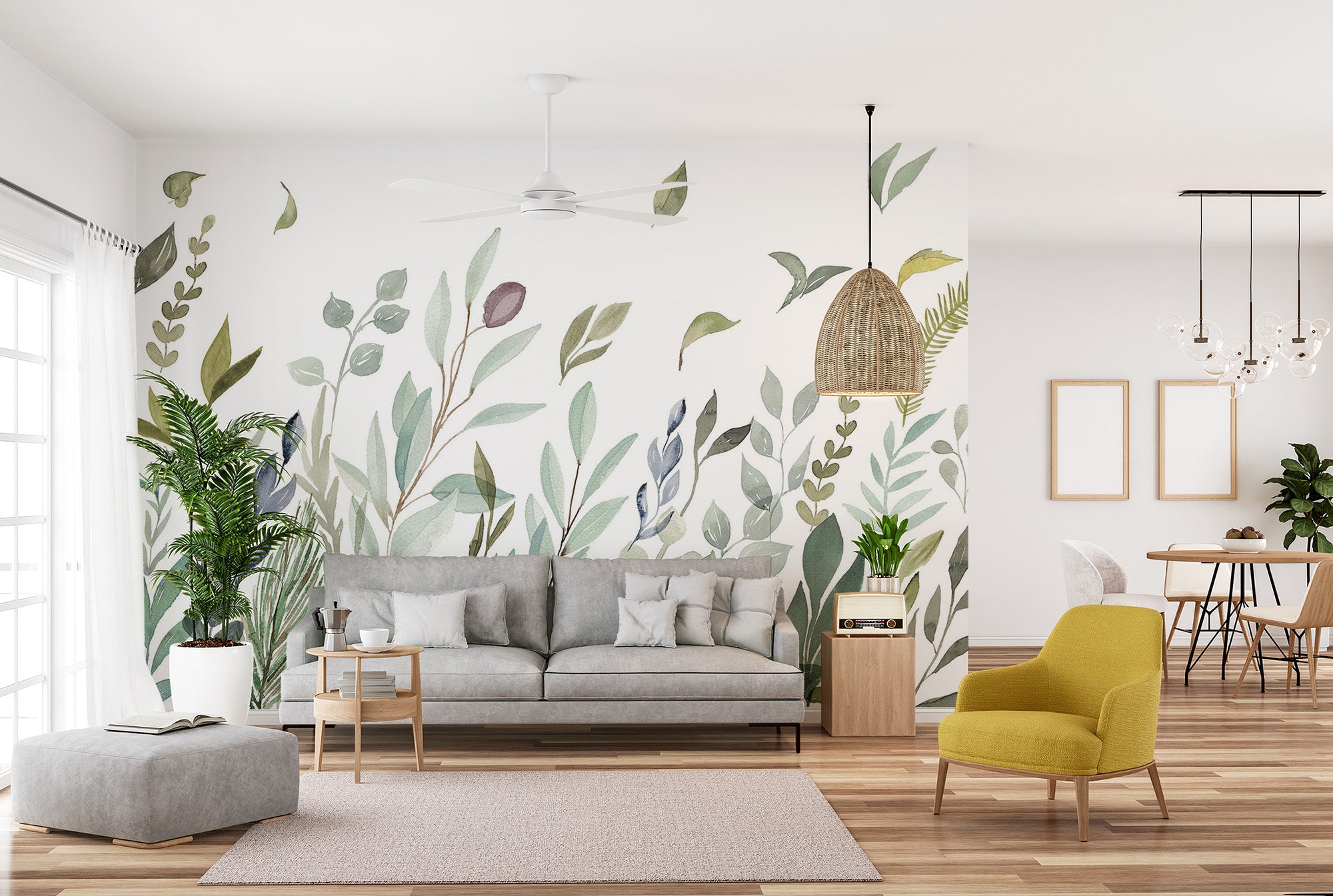 Gentle leafy watercolor mural
