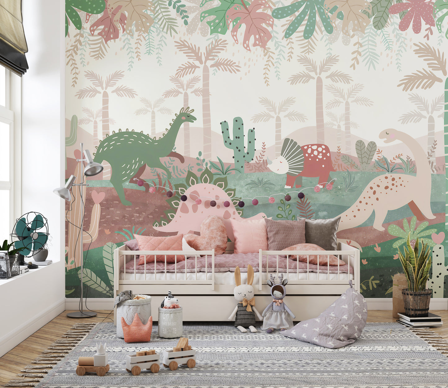 Green & Pink Color Dinosaurs Enjoying Wallpaper Mural