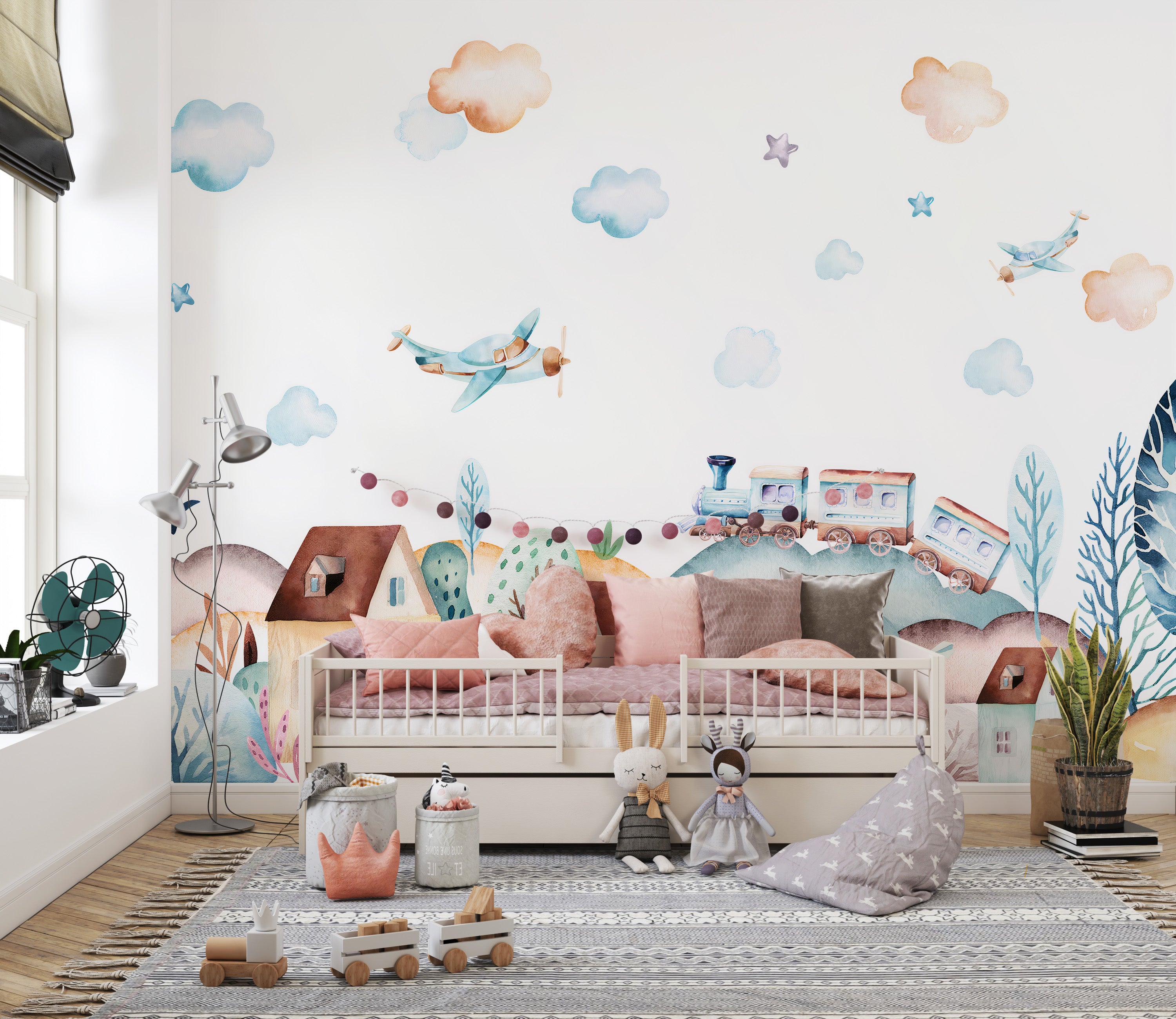 Watercolor Fun Village Wallpaper for Children's Bedrooms
