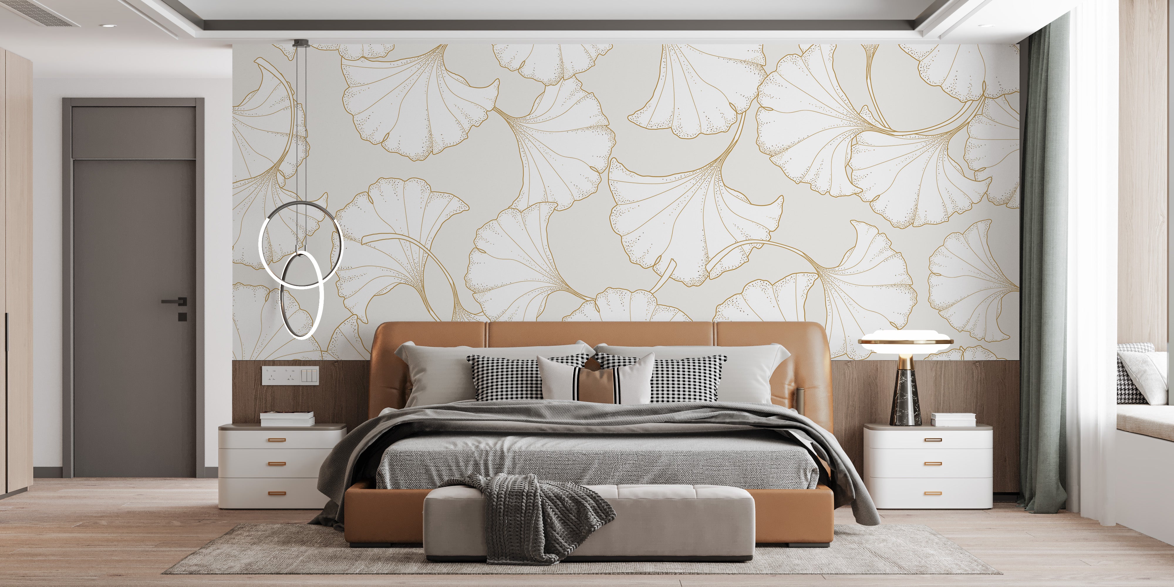 Abstract plant mural with gold accents