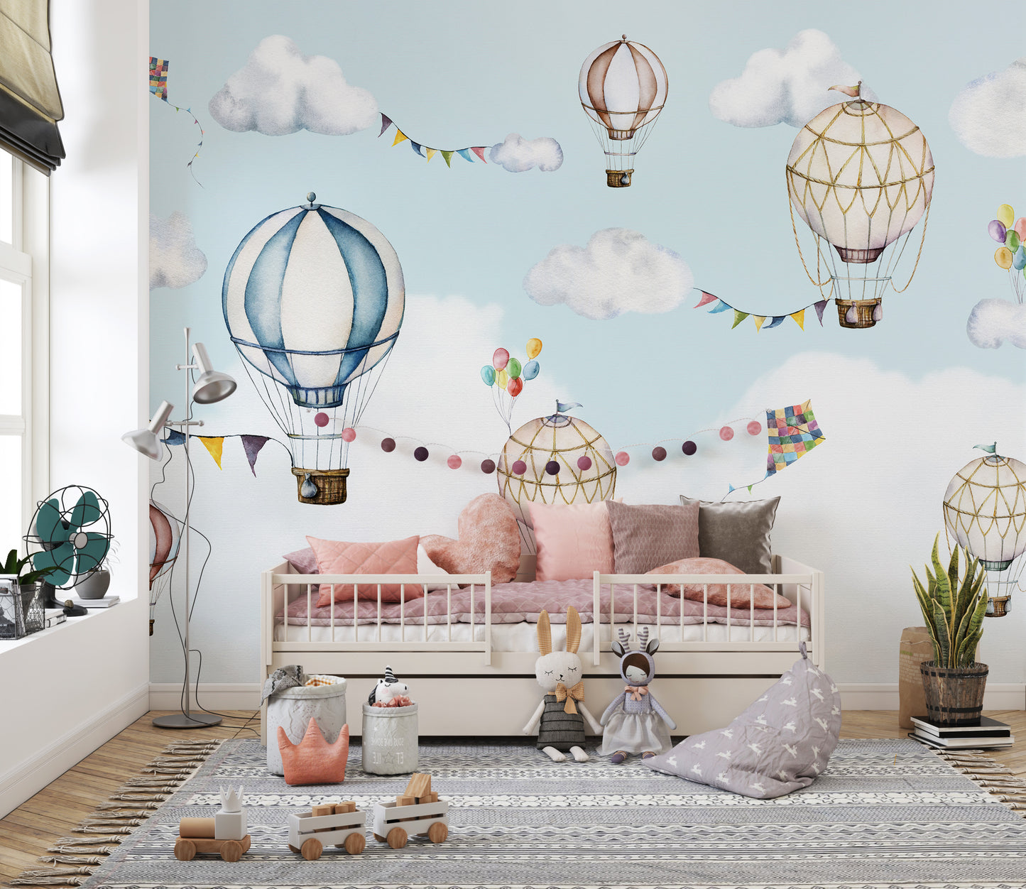 Airy mural featuring hot air balloons and colorful kites