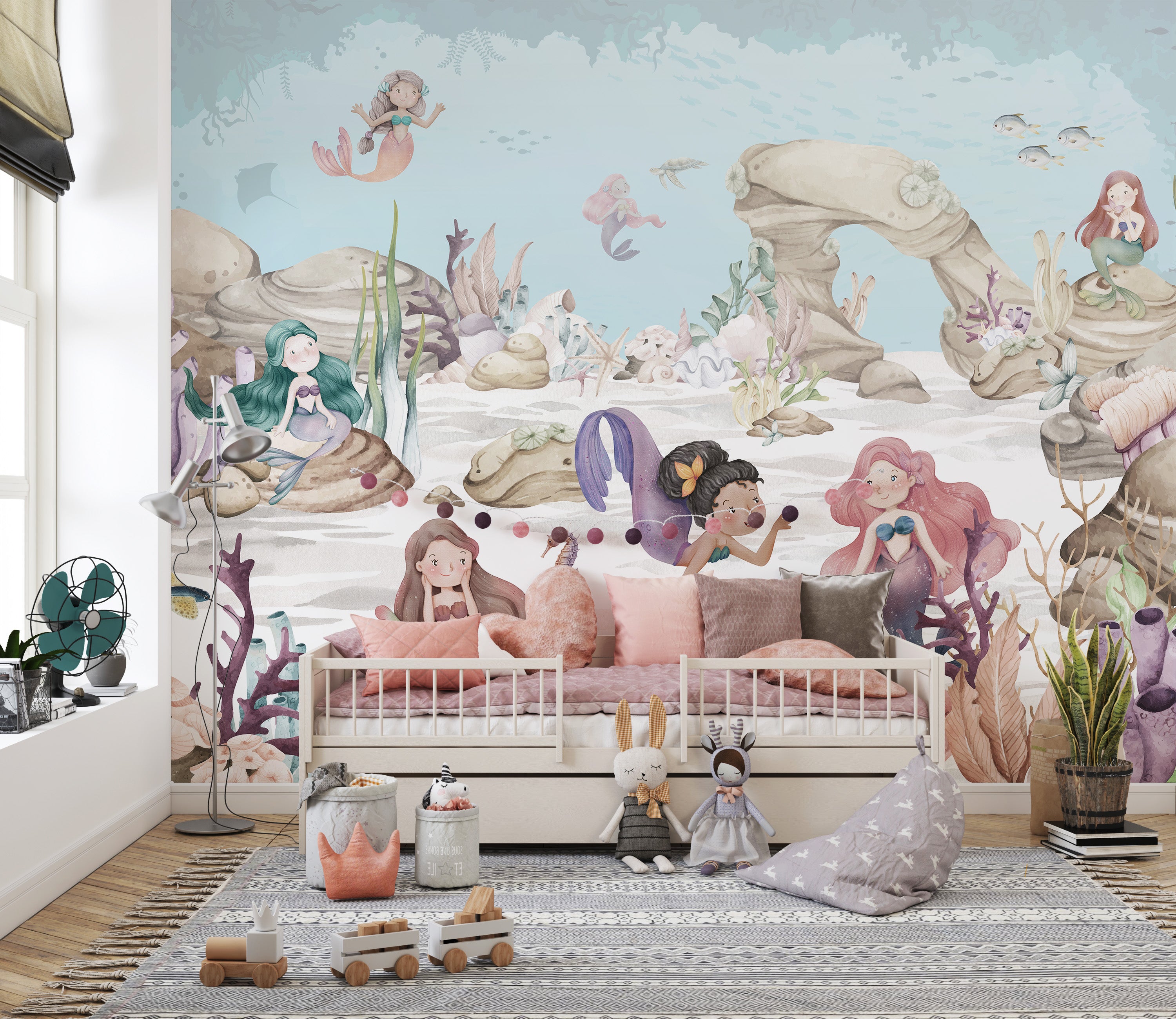 Colorful mermaid wall design for playrooms