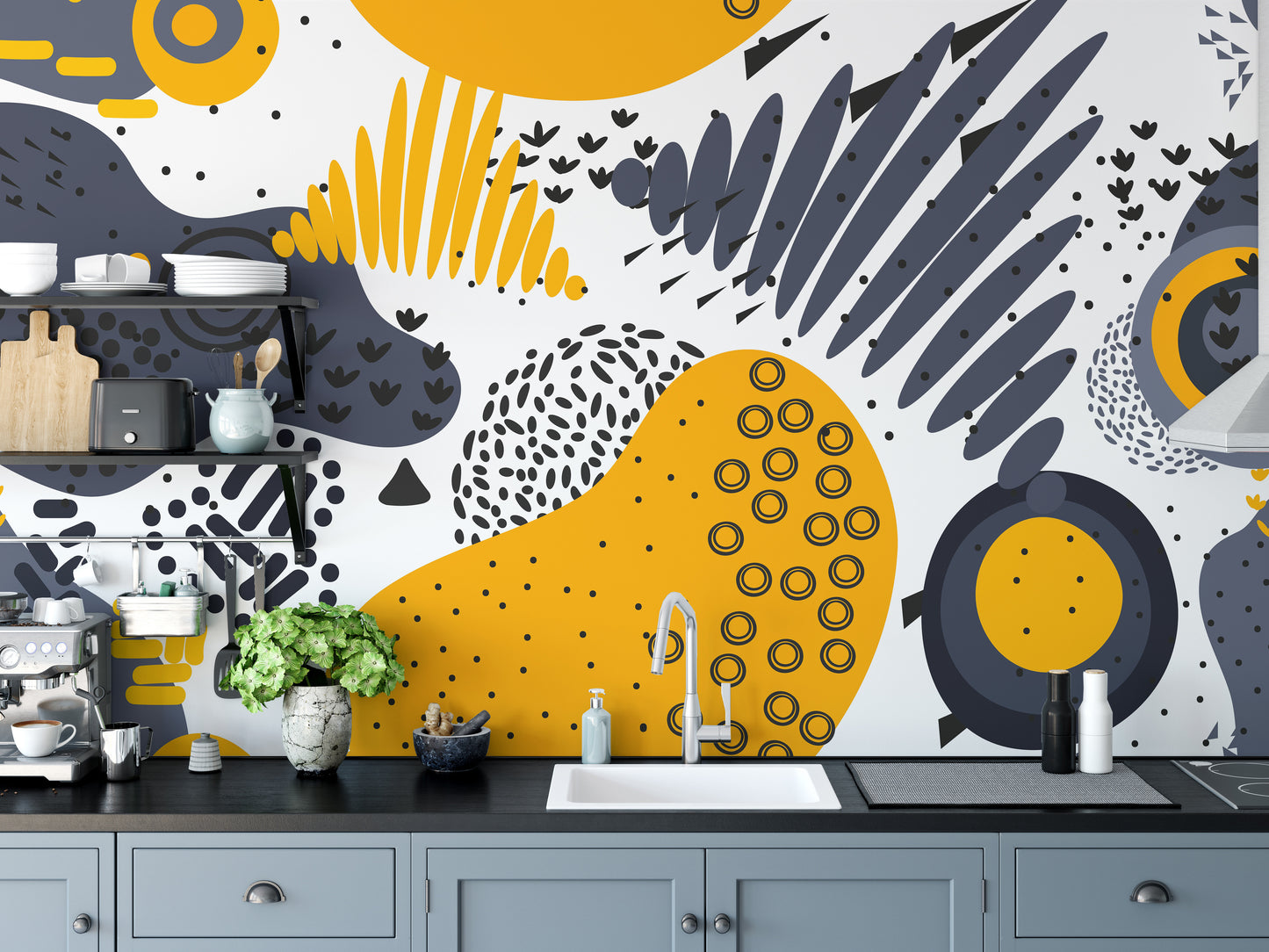 Blue and Yellow Abstract Shapes Wall Murals