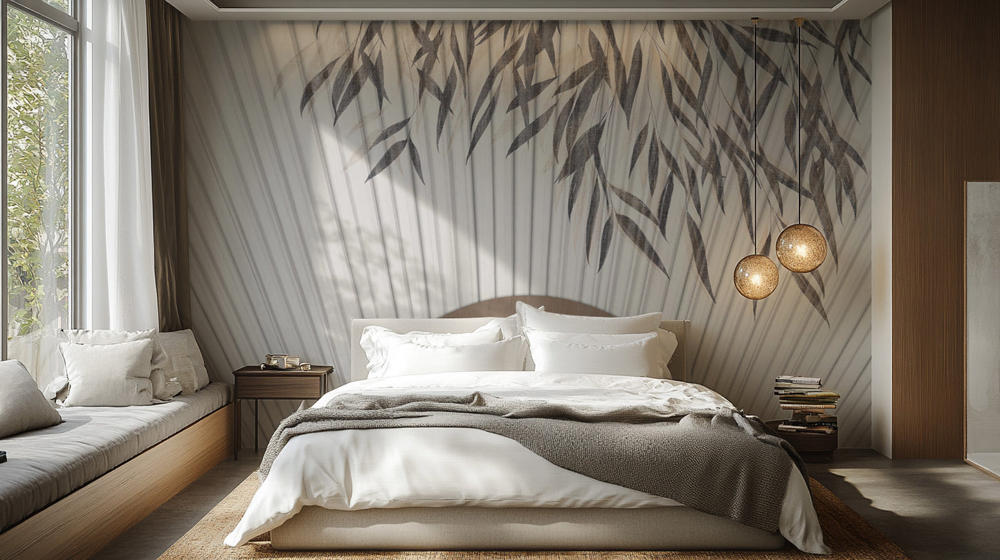 Creative striped wallpaper with abstract illustration details.
