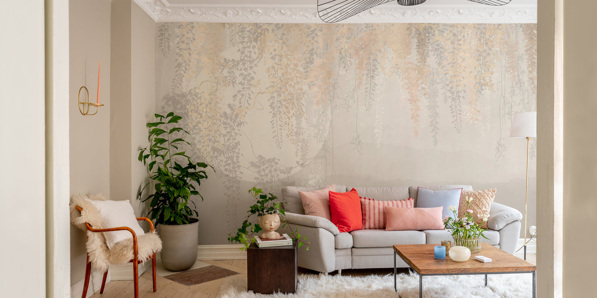 Elegant hanging leaves wall mural design
