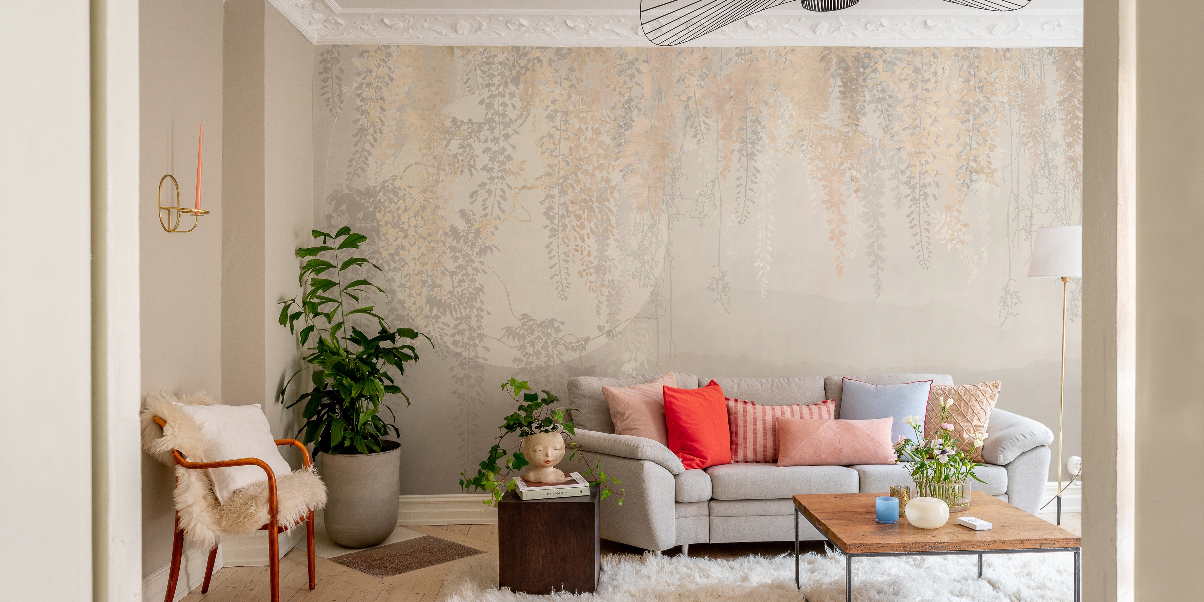 Elegant hanging leaves wall mural design
