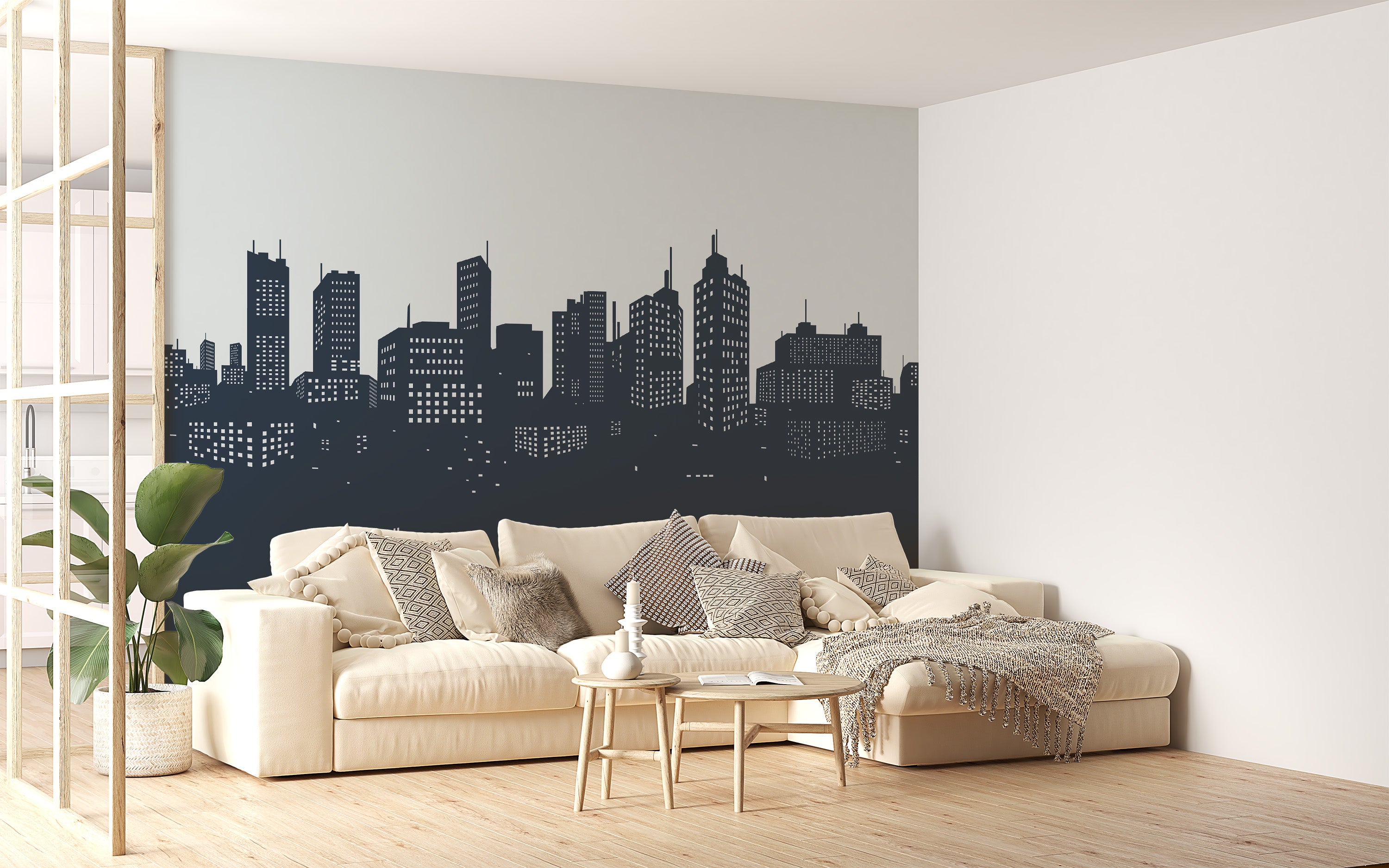 Minimalist cityscape wallpaper for modern living spaces