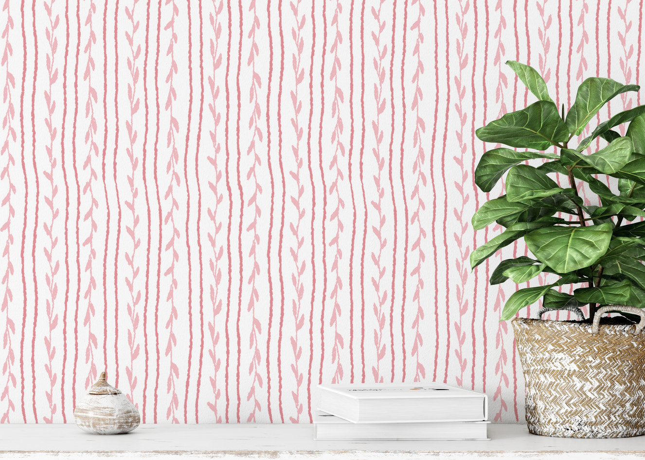 Whimsical pink soft vines wallpaper for playful and cozy interiors.
